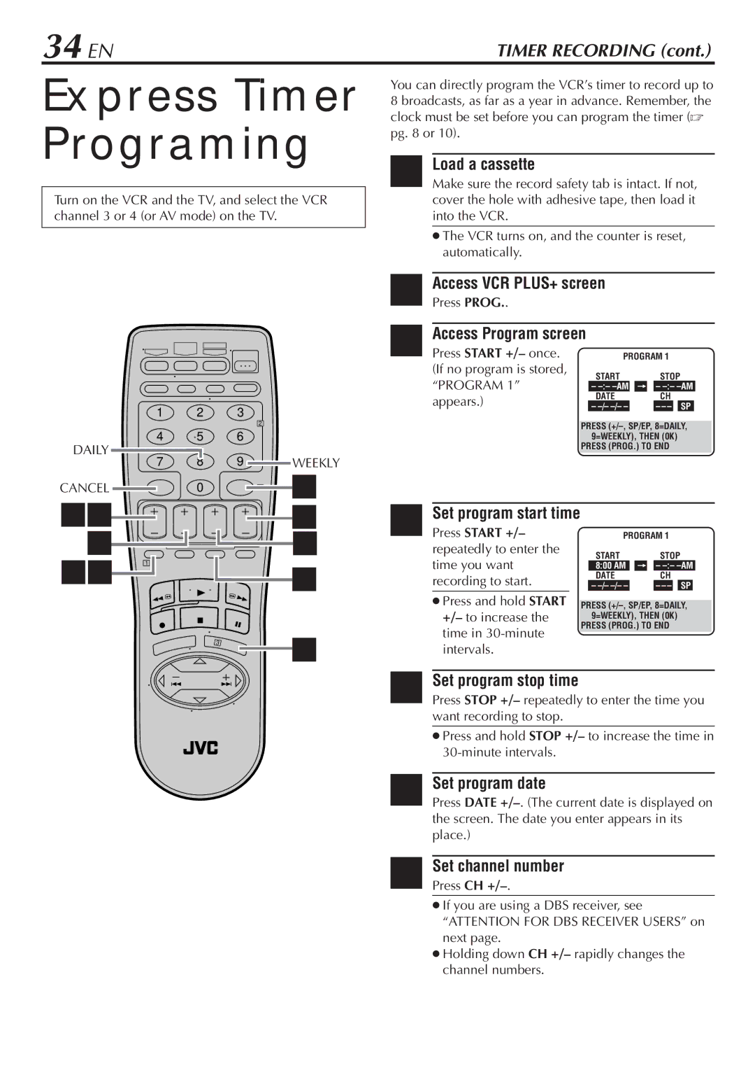 JVC HR-VP68U manual Express Timer Programing, 34 EN 