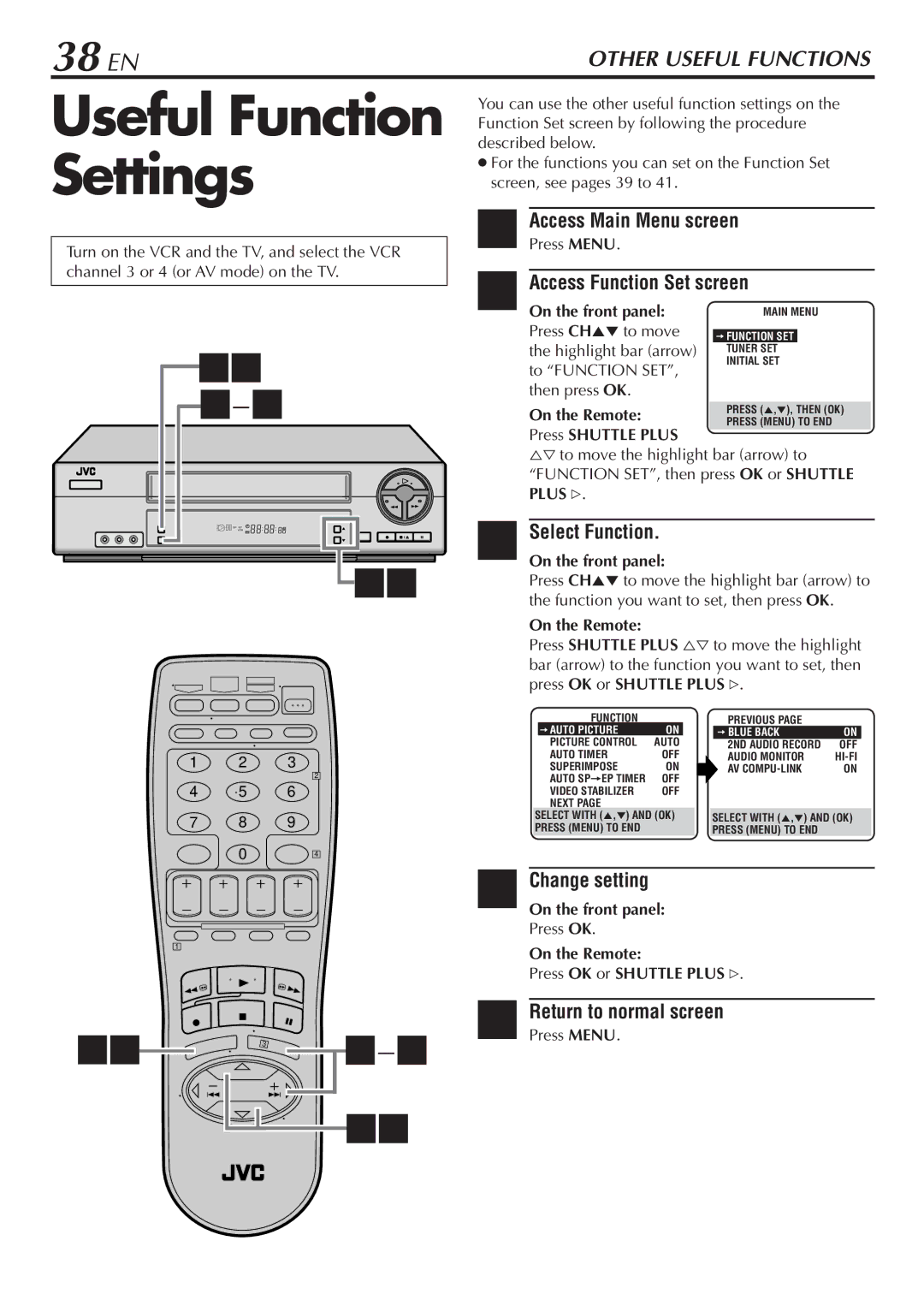 JVC HR-VP68U Useful Function Settings, 38 EN, Select Function, Change setting, On the Remote Press OK or Shuttle Plus # 