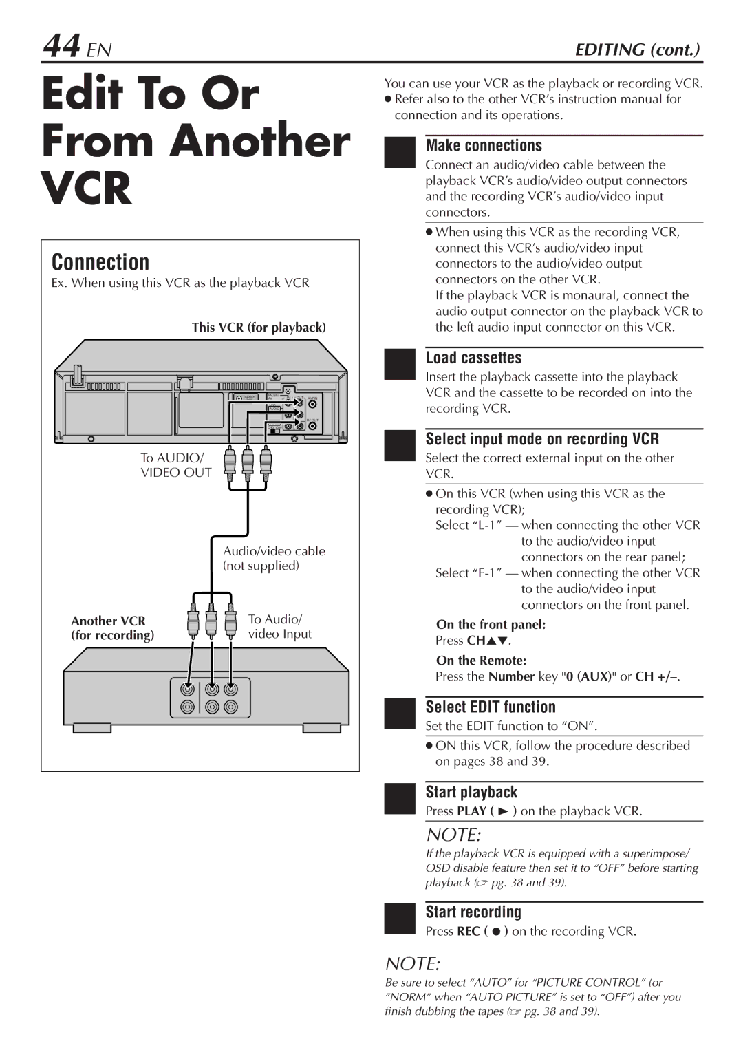 JVC HR-VP68U manual Edit To Or From Another, 44 EN, Load cassettes, Select Edit function 