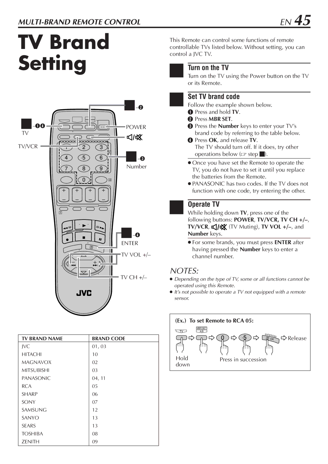 JVC HR-VP68U manual TV Brand Setting, Turn on the TV, Set TV brand code, Operate TV, Ex. To set Remote to RCA 