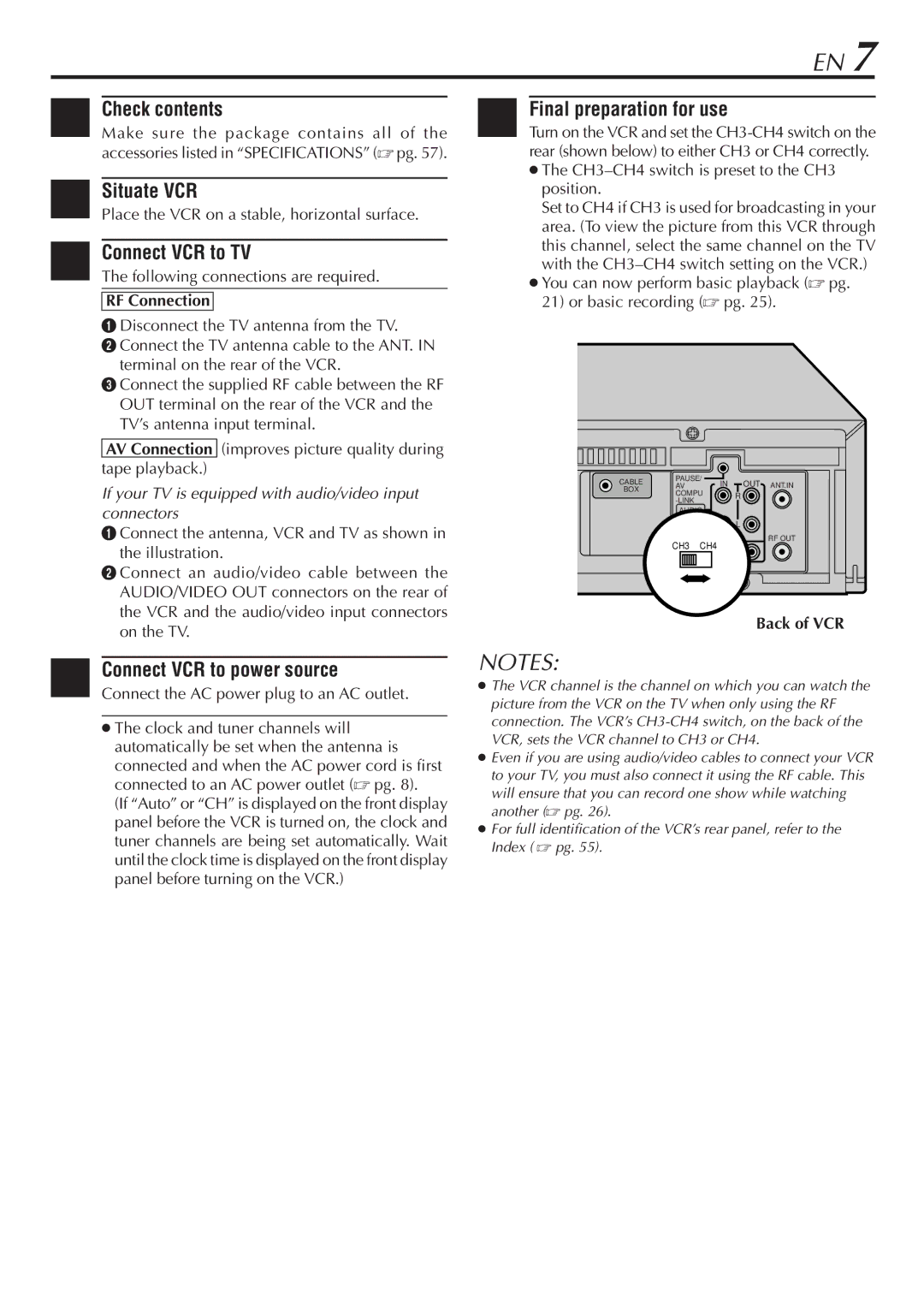 JVC HR-VP68U manual Check contents, Situate VCR, Connect VCR to TV, Final preparation for use, RF Connection 