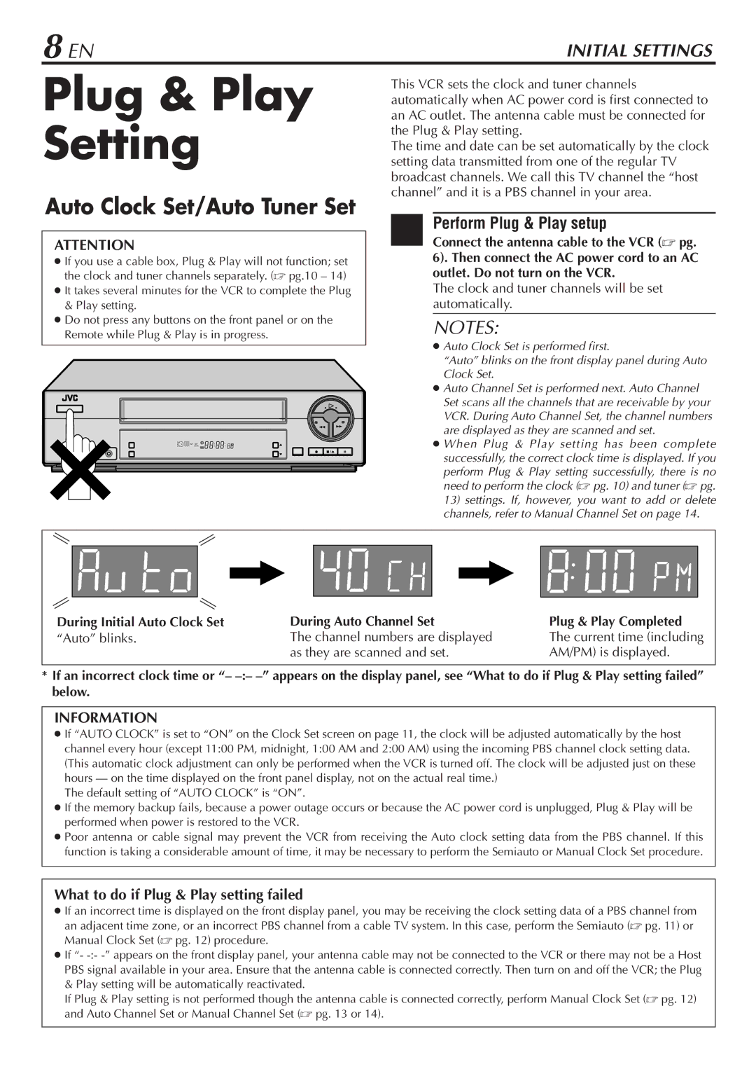 JVC HR-VP68U manual Plug & Play Setting, Perform Plug & Play setup, What to do if Plug & Play setting failed 