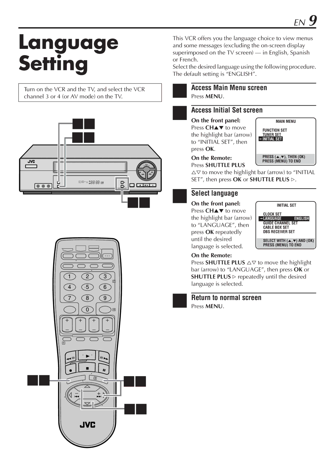 JVC HR-VP68U manual Language Setting, Access Main Menu screen, Access Initial Set screen, Select language 