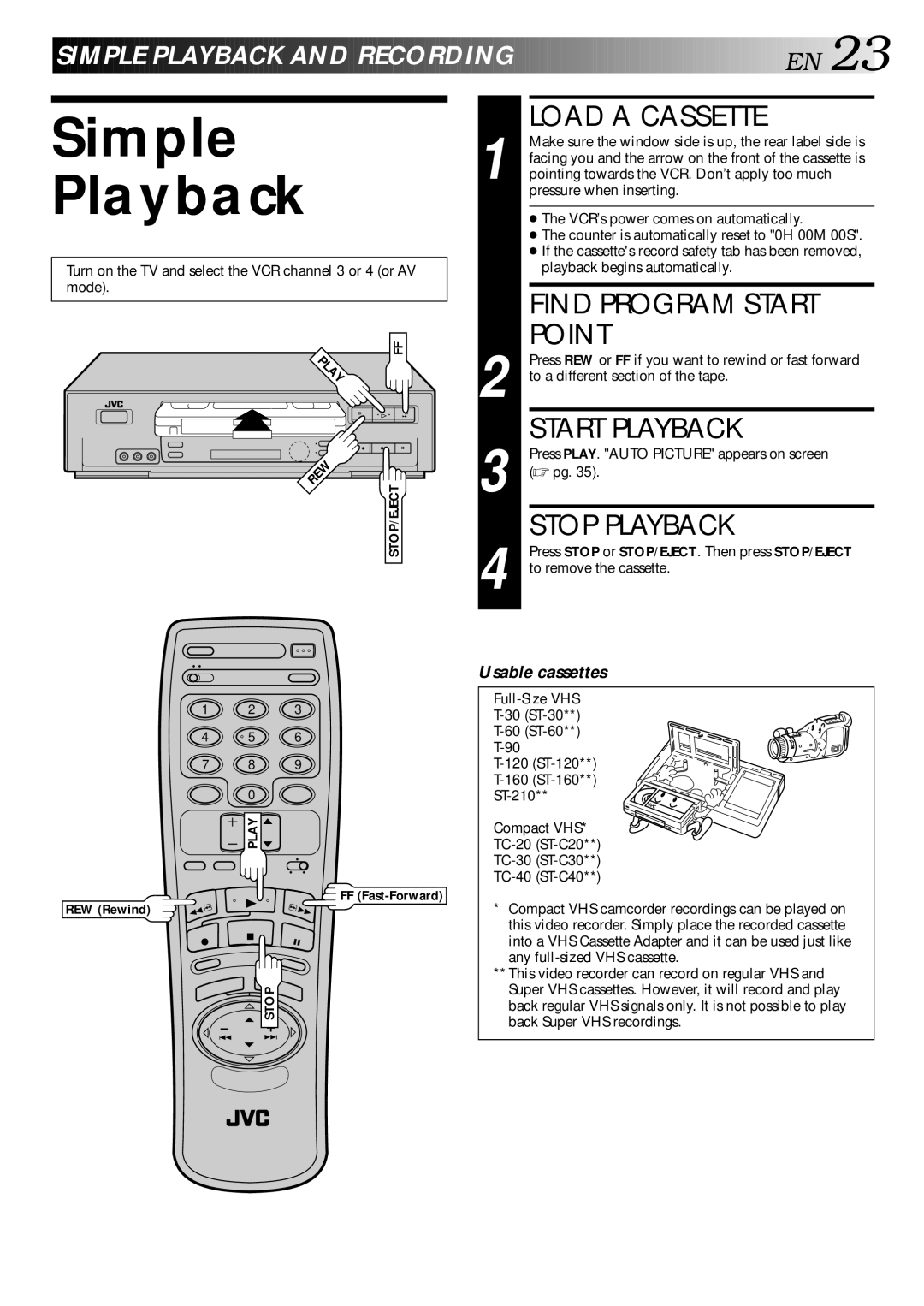 JVC HR-VP70U manual Simple Playback, Load a Cassette, Find Program Start Point, Start Playback, Stop Playback 