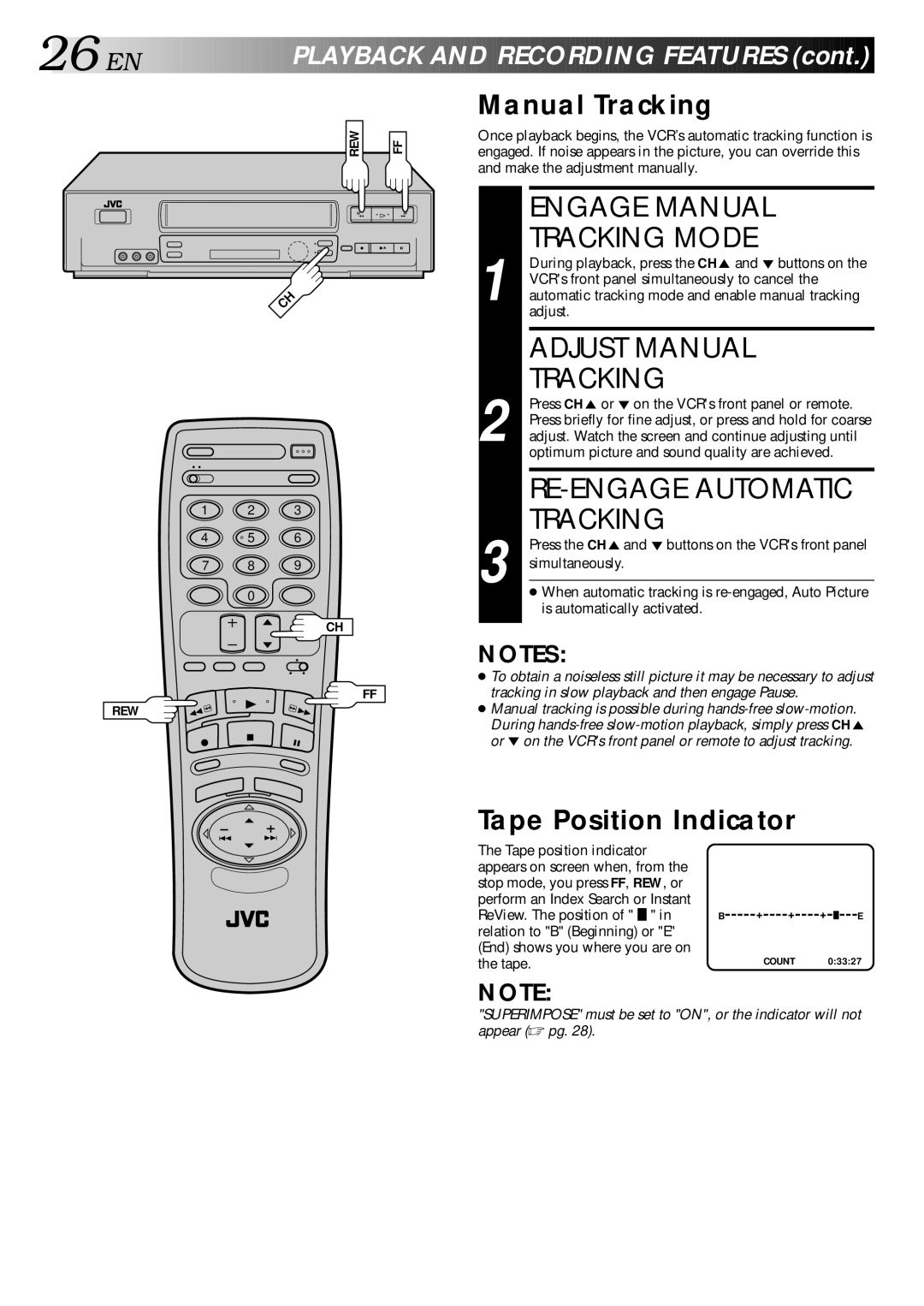 JVC HR-VP70U manual Engage Manual Tracking Mode, Adjust Manual Tracking, RE-ENGAGE Automatic Tracking 