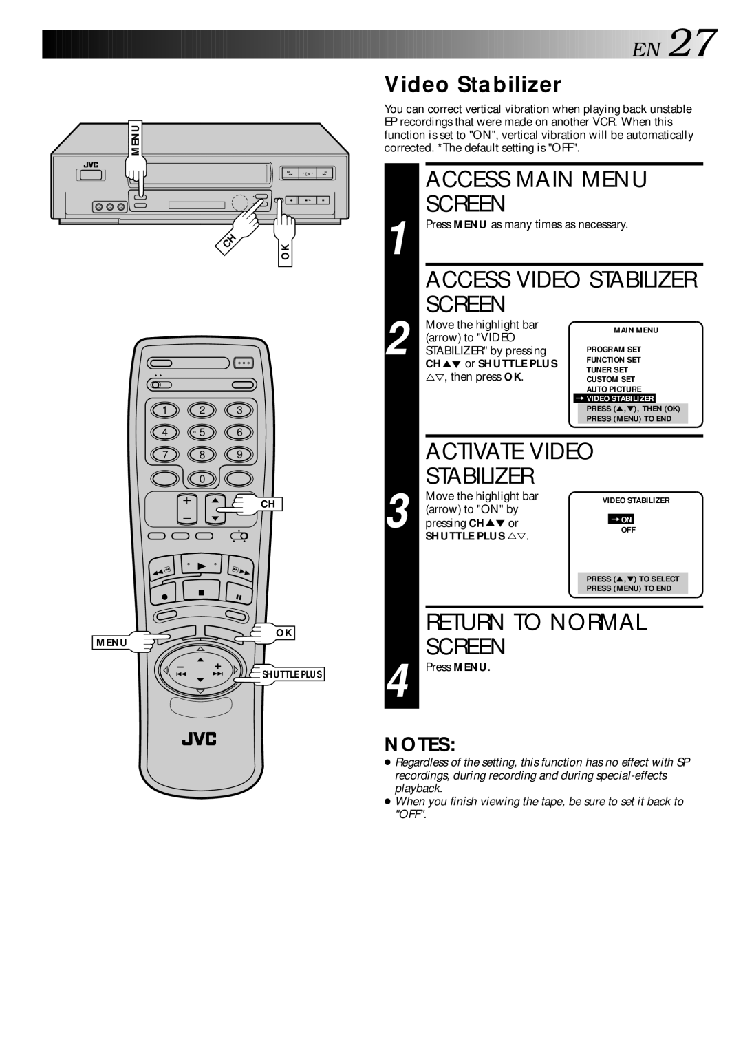 JVC HR-VP70U manual Activate Video, Video Stabilizer, CH or Shuttle Plus 