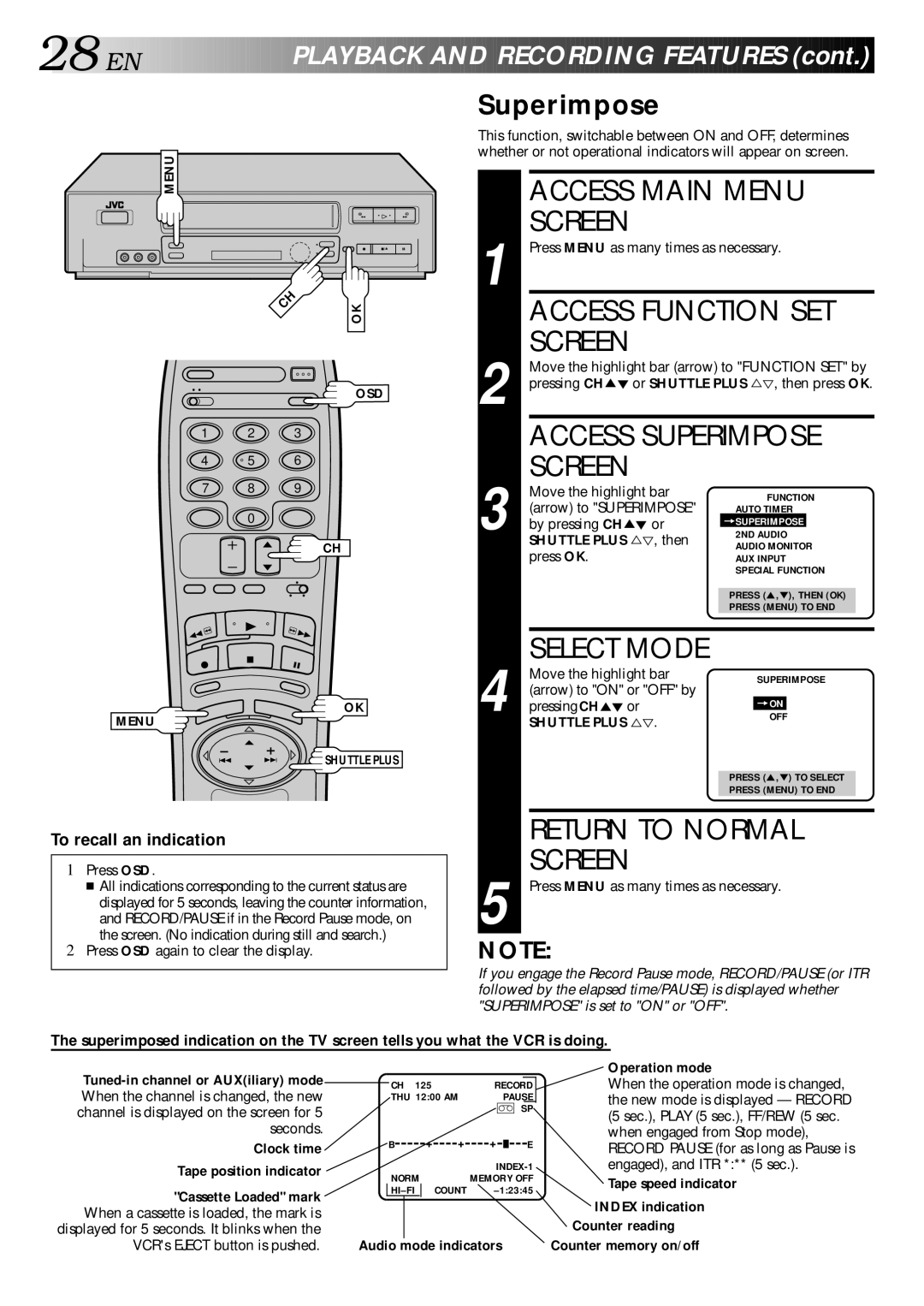 JVC HR-VP70U manual Access Function SET, Access Superimpose 