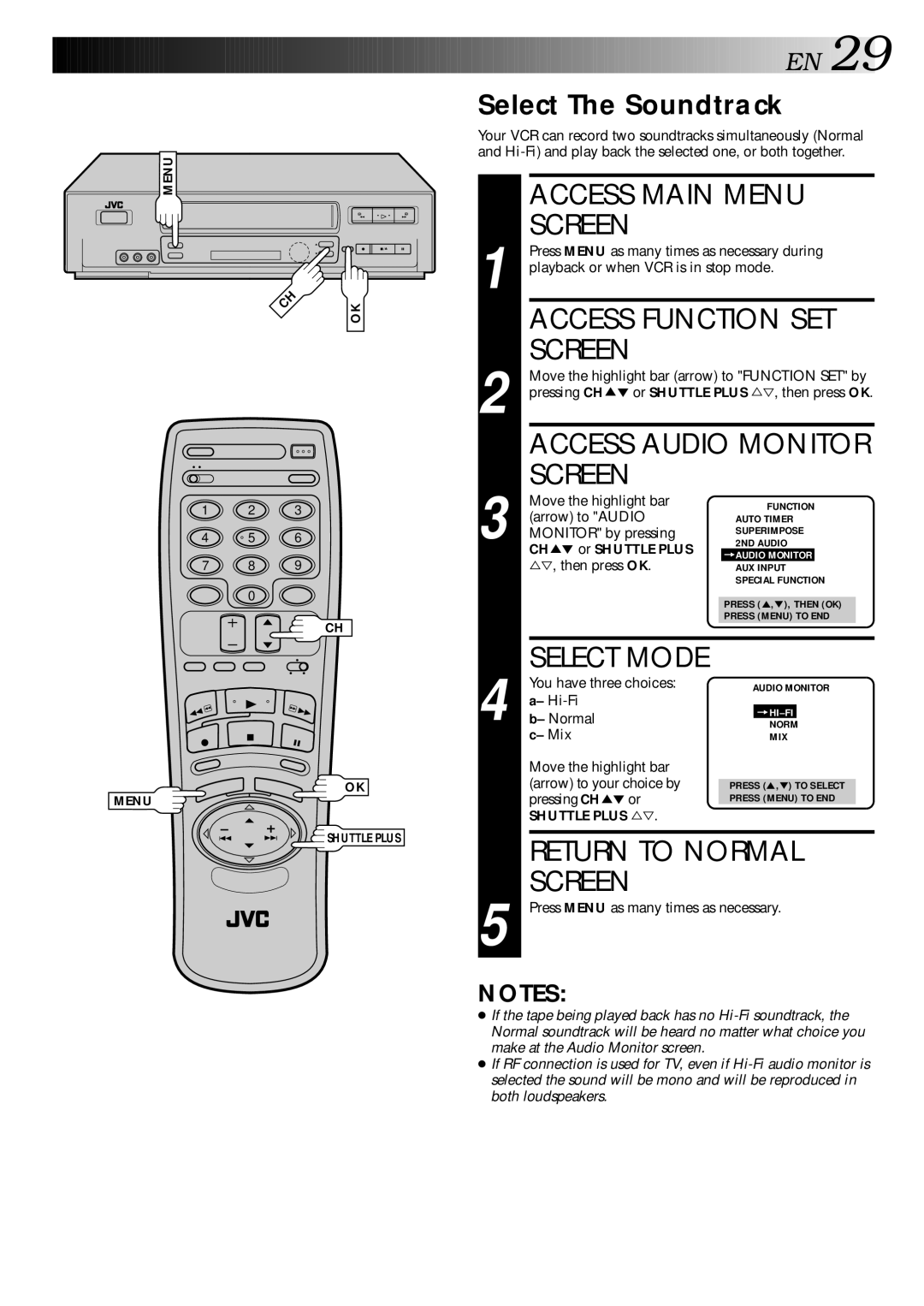 JVC HR-VP70U manual Access Audio Monitor, Select The Soundtrack, CH 5 or Shuttle Plus, Mix 