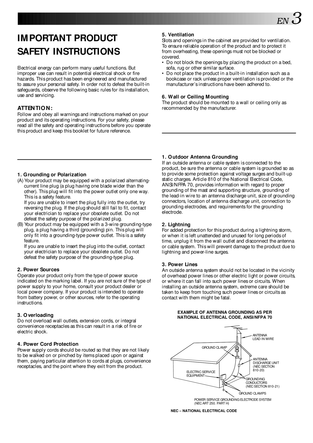 JVC HR-VP70U manual Important Product Safety Instructions 