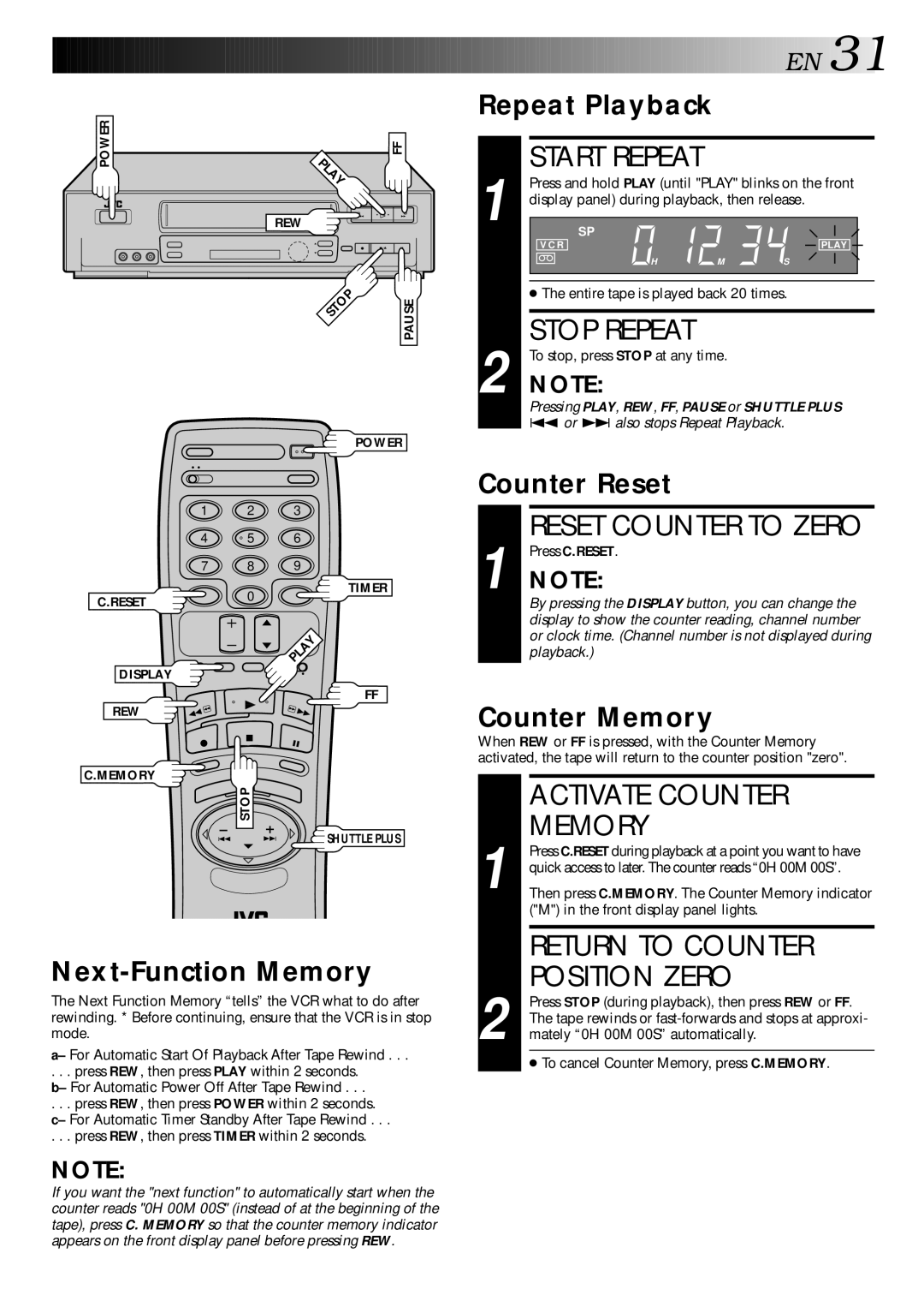 JVC HR-VP70U manual Activate Counter, Memory, Return to Counter Position Zero 