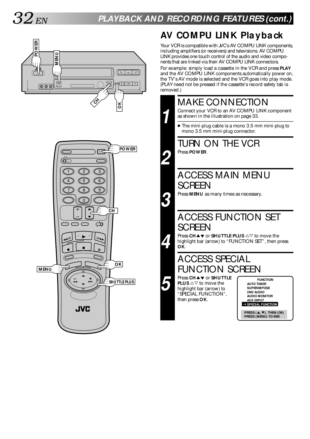 JVC HR-VP70U manual Make Connection, Access Special, Function Screen, AV Compu Link Playback 