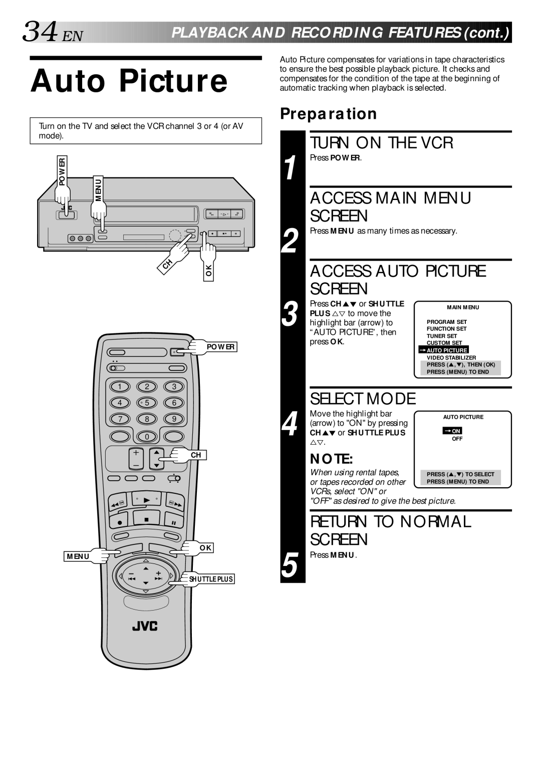 JVC HR-VP70U manual Access Auto Picture, Auto PICTURE, then, Arrow to on by pressing 