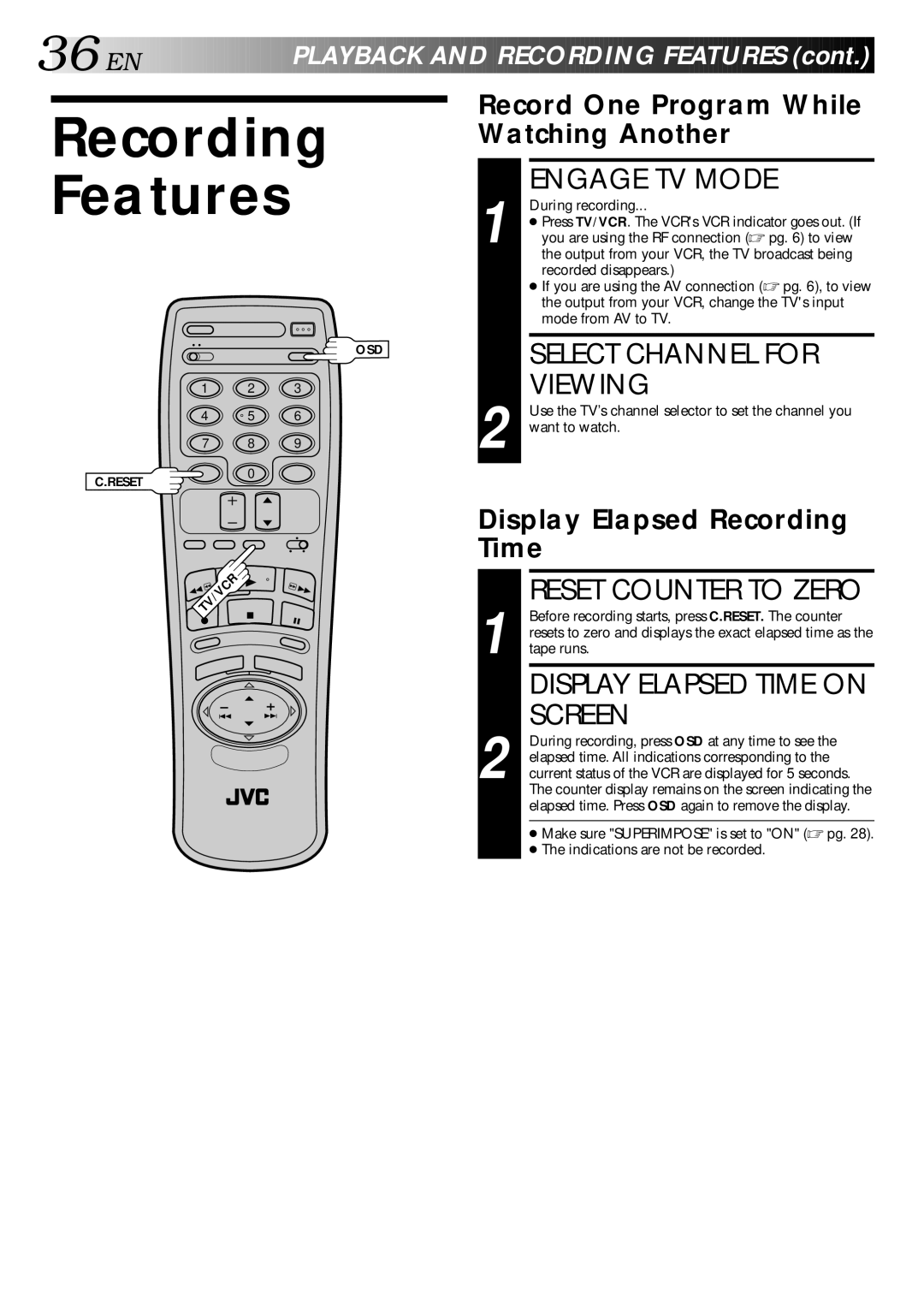 JVC HR-VP70U manual Recording Features, Engage TV Mode, Select Channel for Viewing, Reset Counter to Zero 