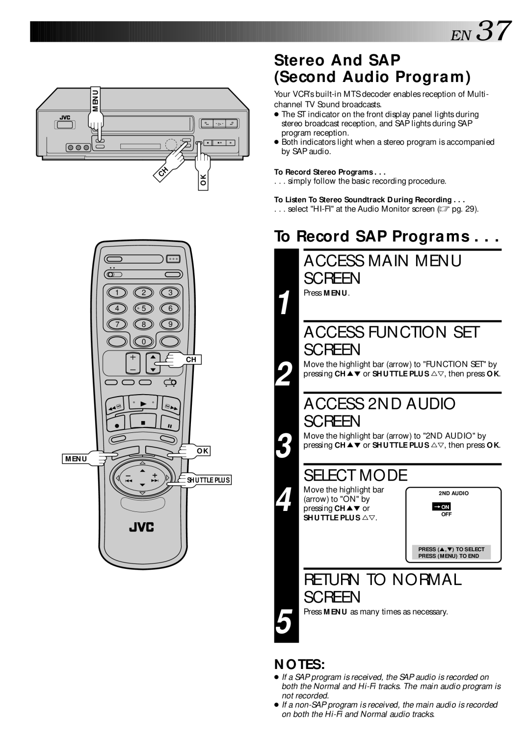 JVC HR-VP70U Access 2ND Audio, Stereo And SAP Second Audio Program, To Record SAP Programs, To Record Stereo Programs 