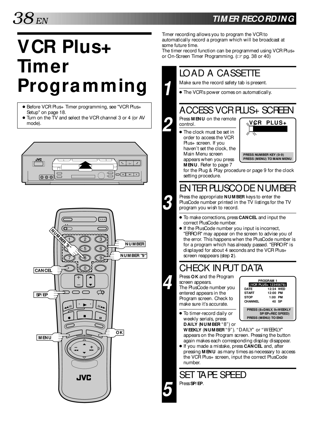 JVC HR-VP70U manual VCR Plus+ Timer Programming, EN Timer Recording 