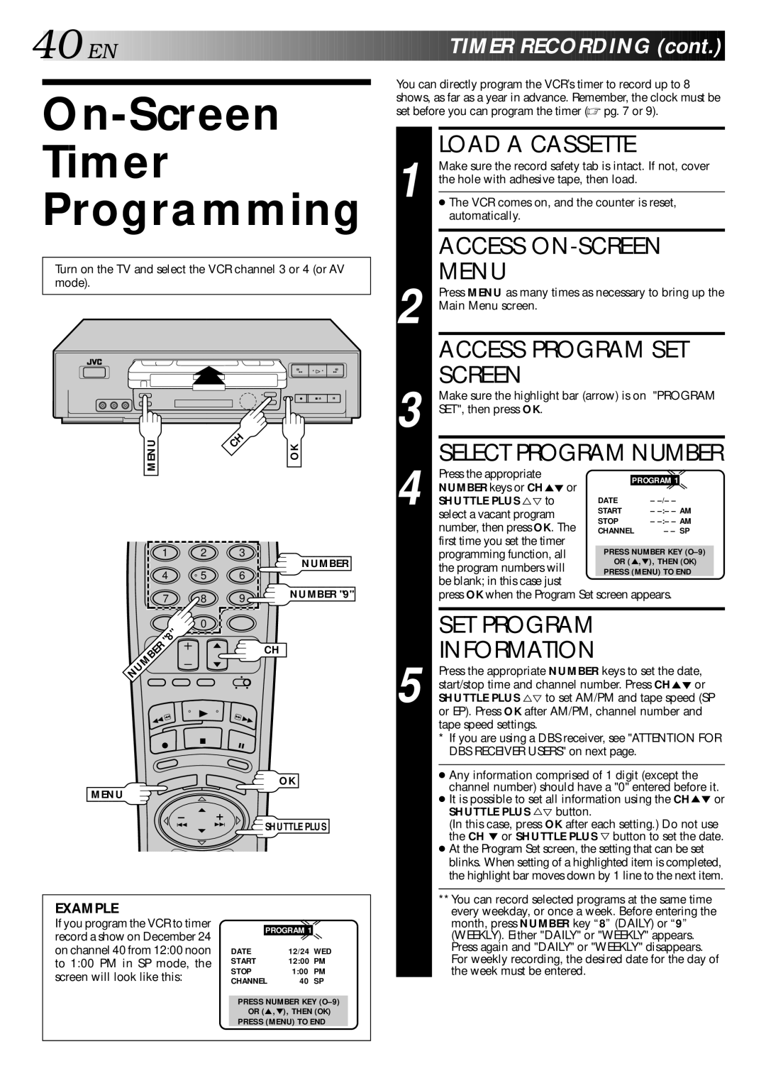 JVC HR-VP70U manual On-Screen Timer Programming, Access Program SET, Information, Shuttle Plus %Þ button 