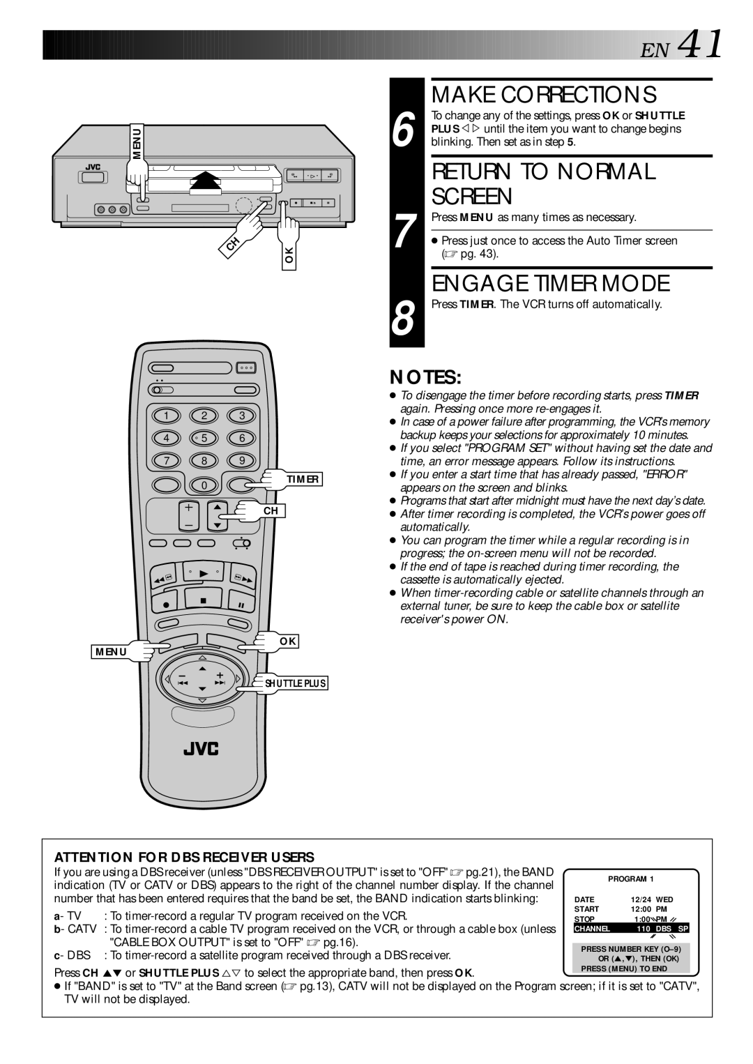 JVC HR-VP70U manual To timer-record a regular TV program received on the VCR, Catv, Cable BOX Output is set to OFF pg.16 