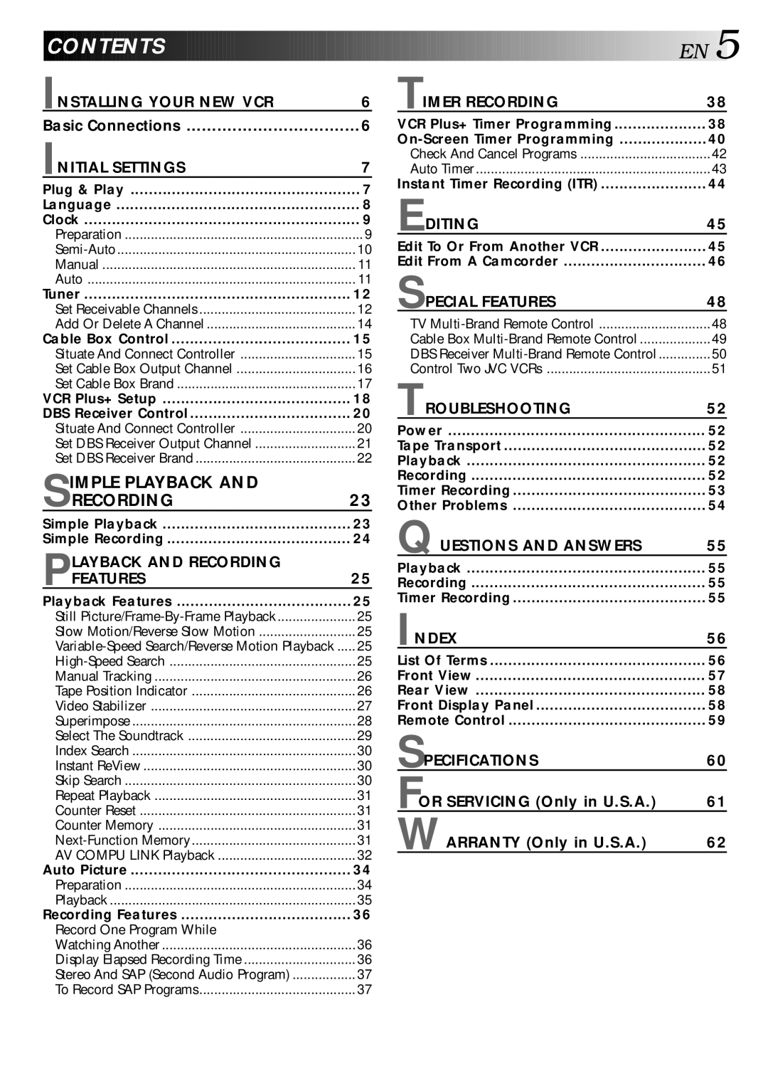 JVC HR-VP70U manual Contents 