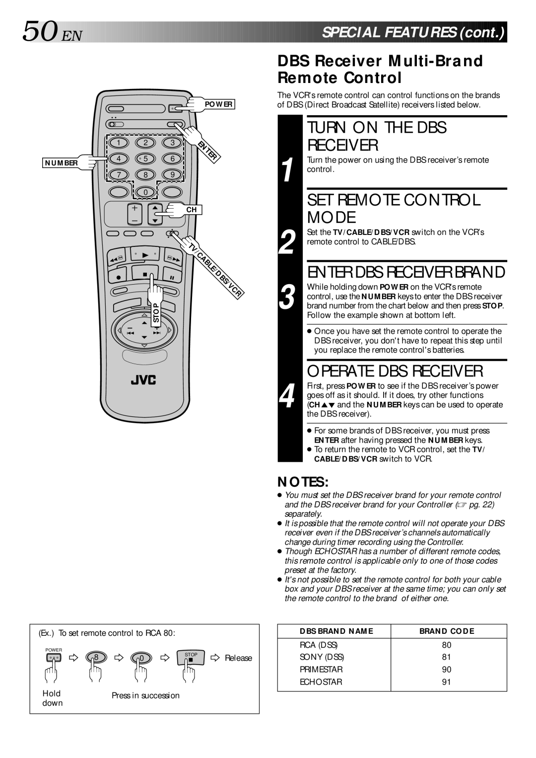 JVC HR-VP70U manual Turn on the DBS, SET Remote Control, Special Features, DBS Receiver Multi-Brand Remote Control 