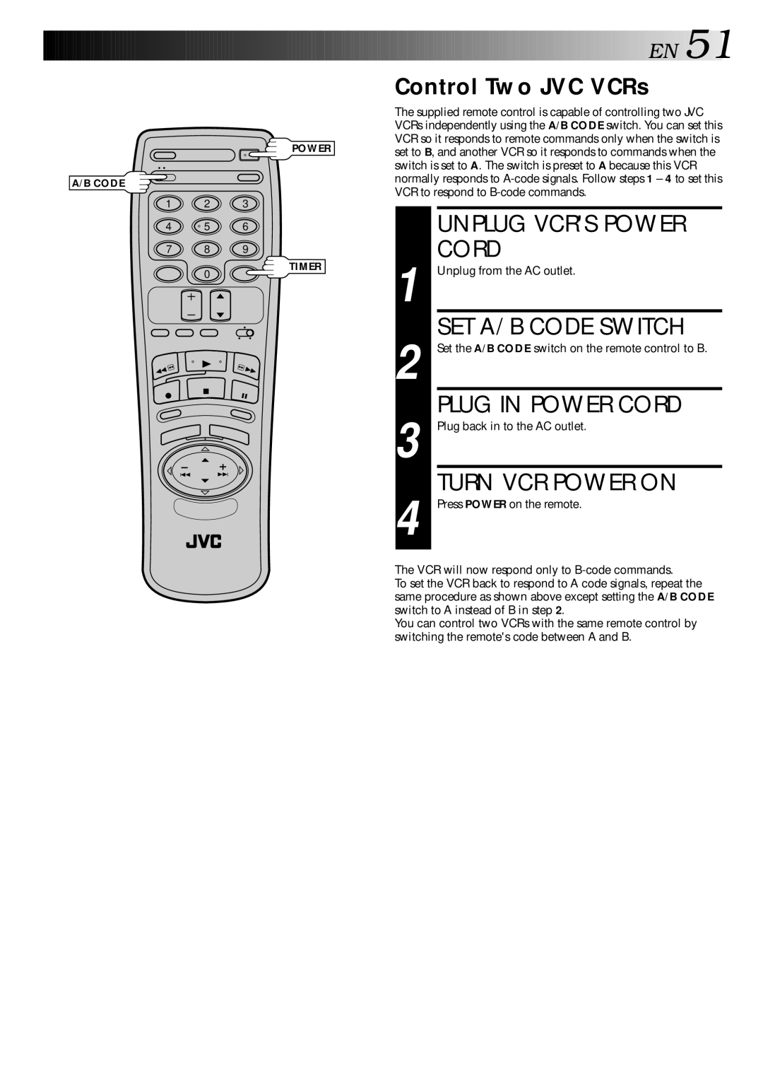 JVC HR-VP70U manual Unplug Vcrs Power, SET A/B Code Switch, Plug in Power Cord, Turn VCR Power on 