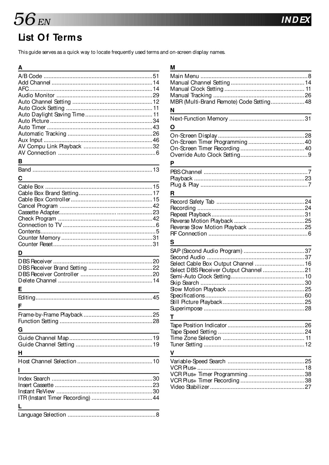 JVC HR-VP70U manual EN Index, List Of Terms, MBR Multi-Brand Remote Code Setting, Select DBS Receiver Output Channel 