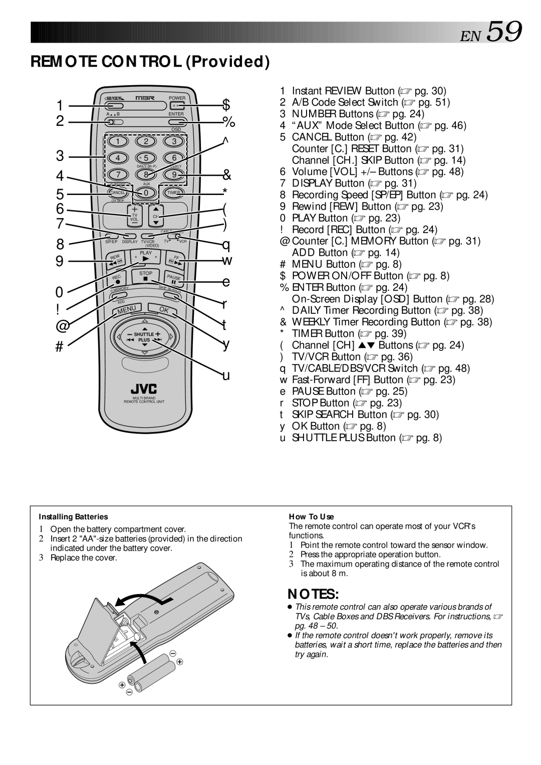 JVC HR-VP70U manual Remote Control Provided, Installing Batteries, How To Use 