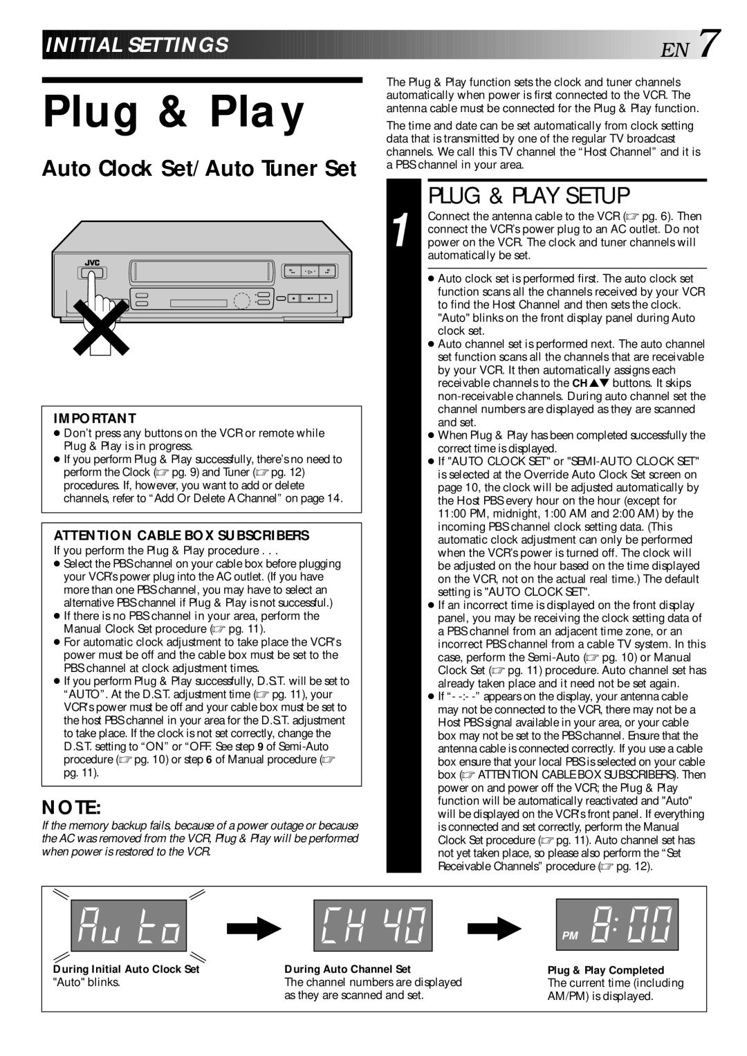 JVC HR-VP70U manual Plug & Play Setup, Initial Settings, Auto Clock Set/Auto Tuner Set 