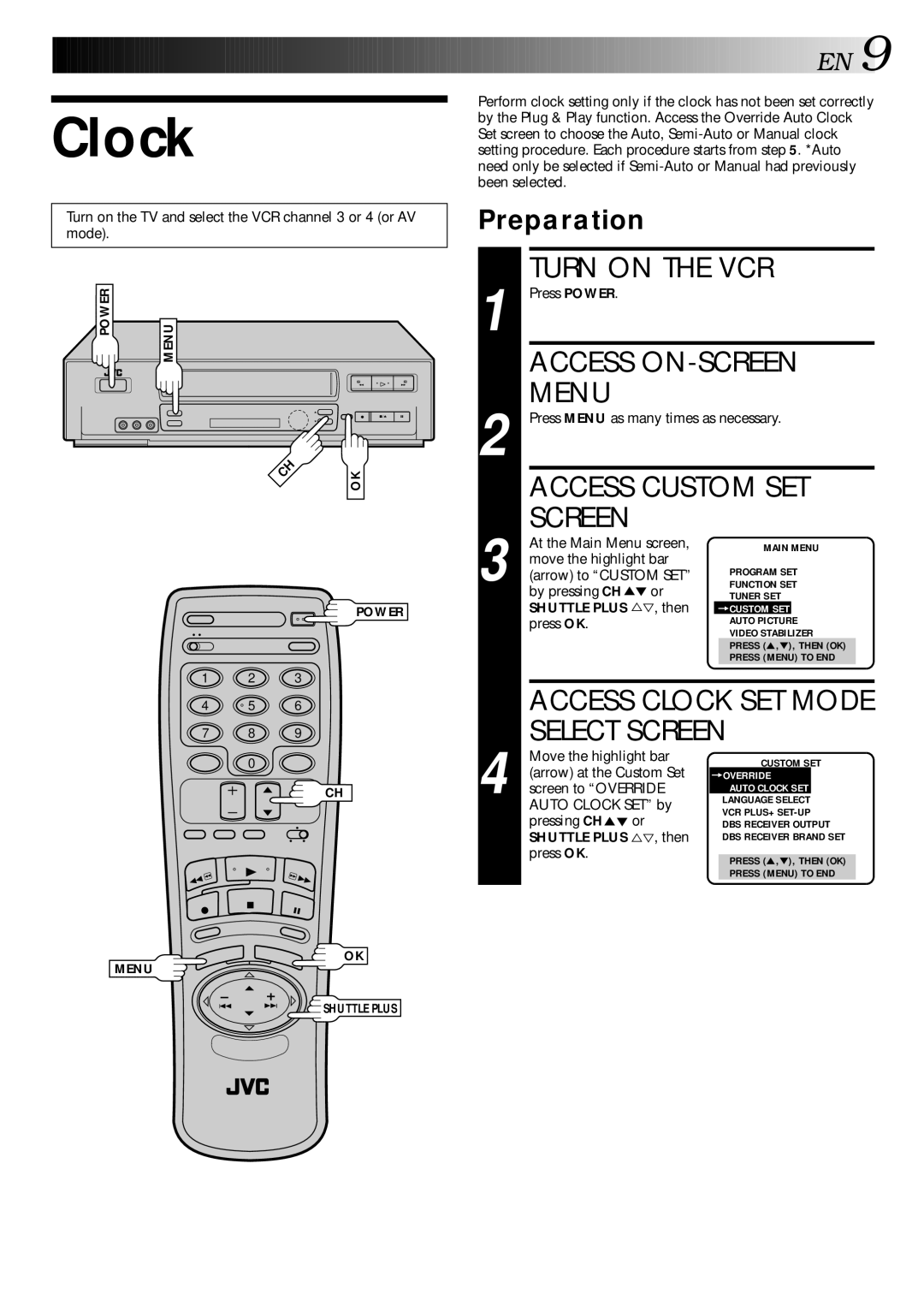 JVC HR-VP70U manual Clock, Preparation 