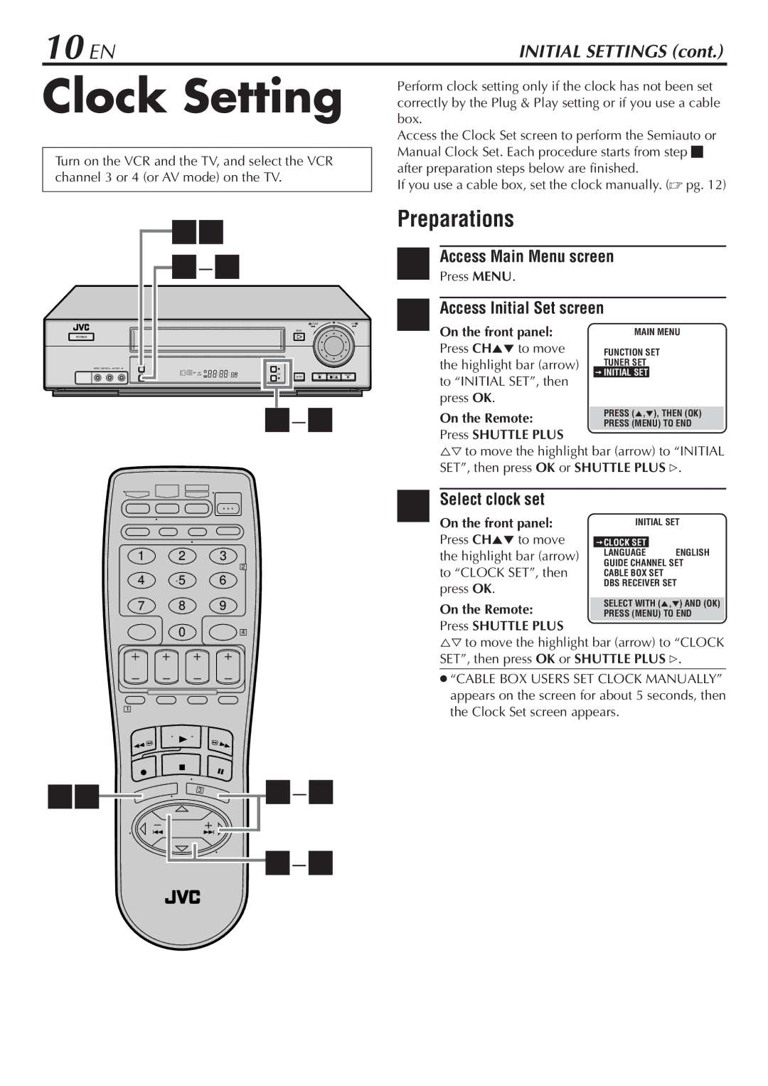 JVC HR-VP780U manual Clock Setting, 10 EN, Preparations 