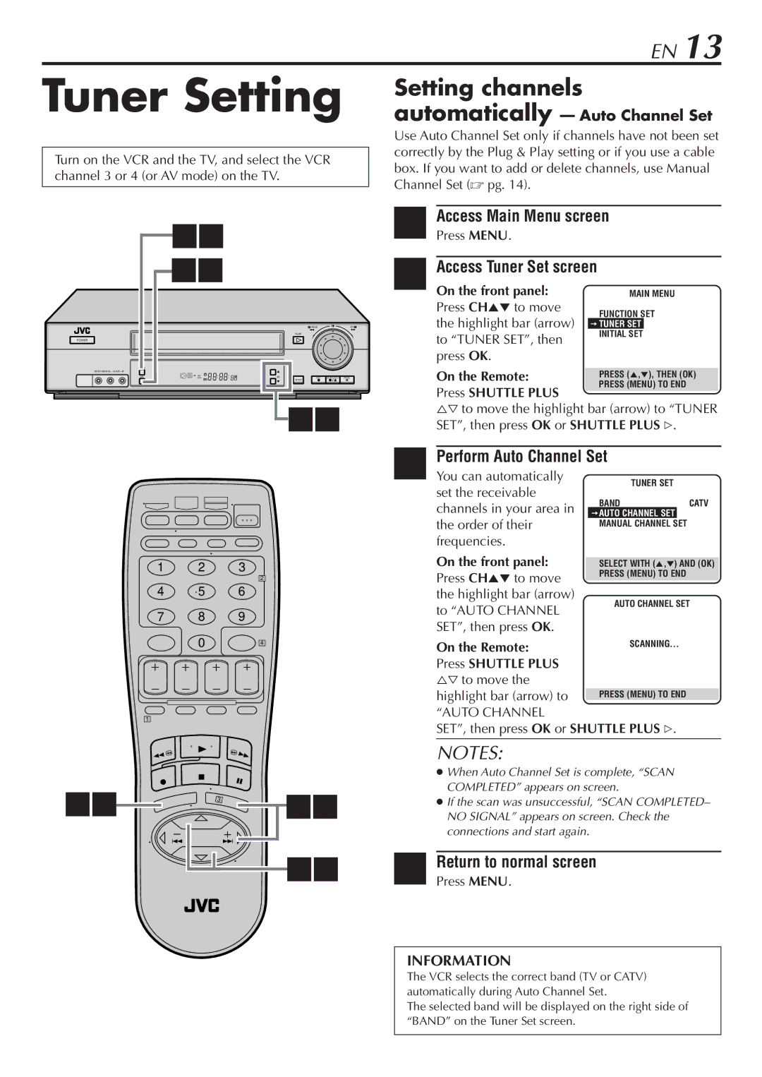 JVC HR-VP780U manual Tuner Setting, Access Tuner Set screen, Perform Auto Channel Set 