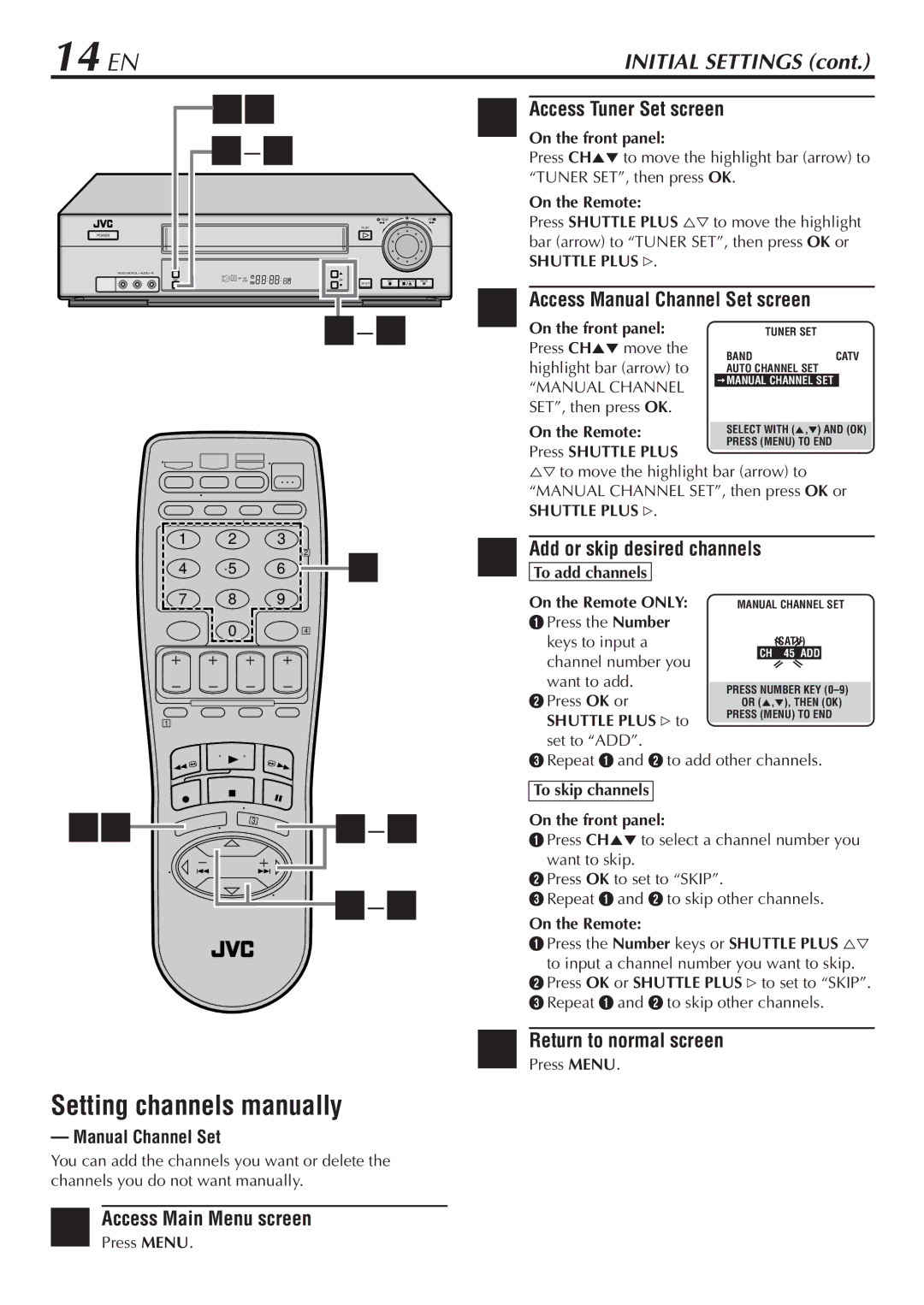 JVC HR-VP780U 14 EN, Setting channels manually, Access Manual Channel Set screen, Add or skip desired channels 