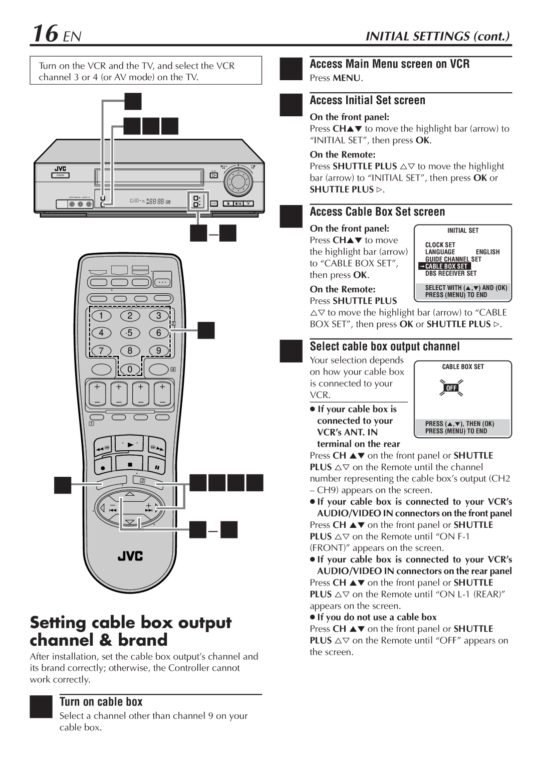 JVC HR-VP780U manual 16 EN, Turn on cable box, Access Main Menu screen on VCR, Access Cable Box Set screen 