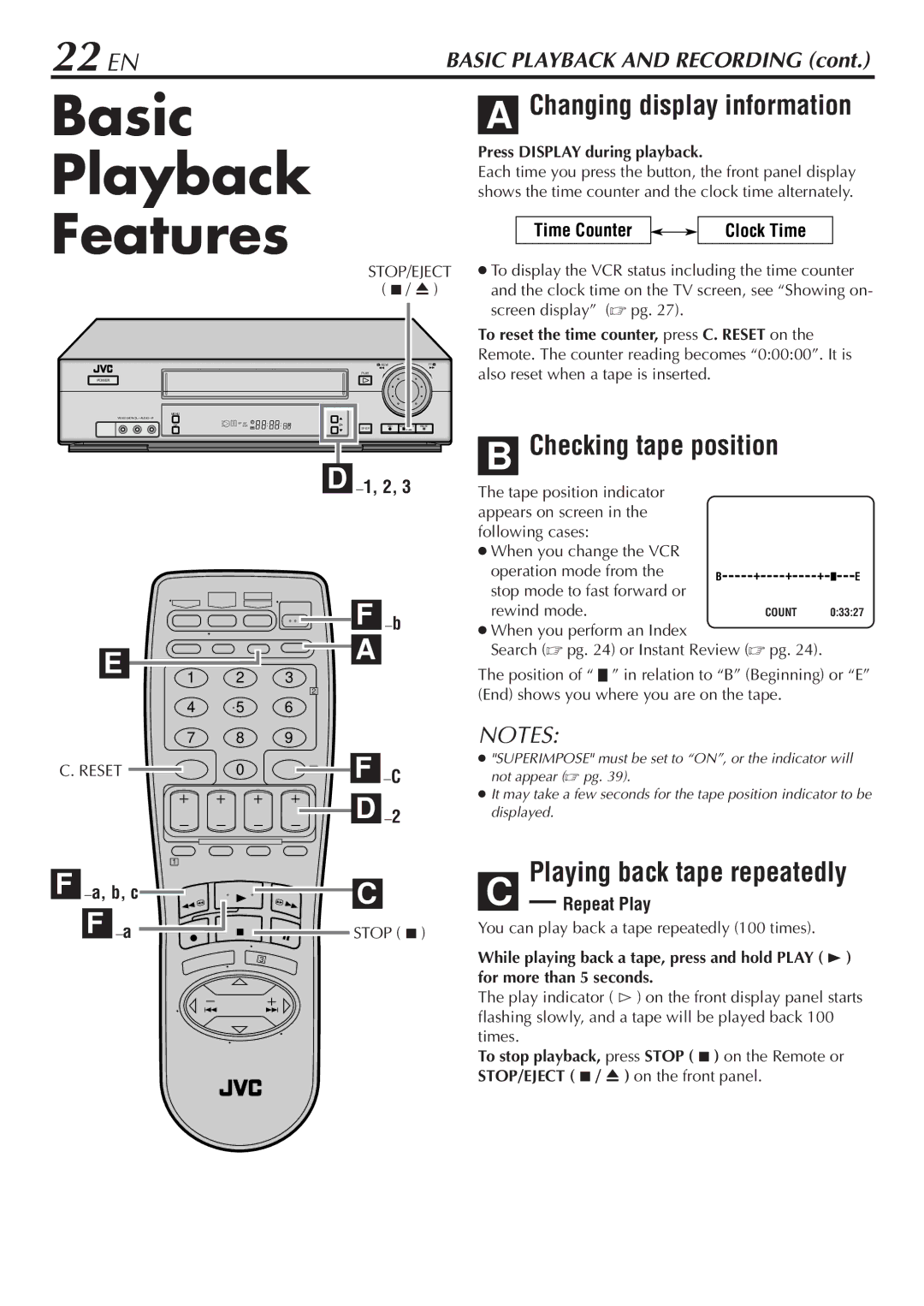 JVC HR-VP780U manual Basic Playback Features, 22 EN, Changing display information, Checking tape position 