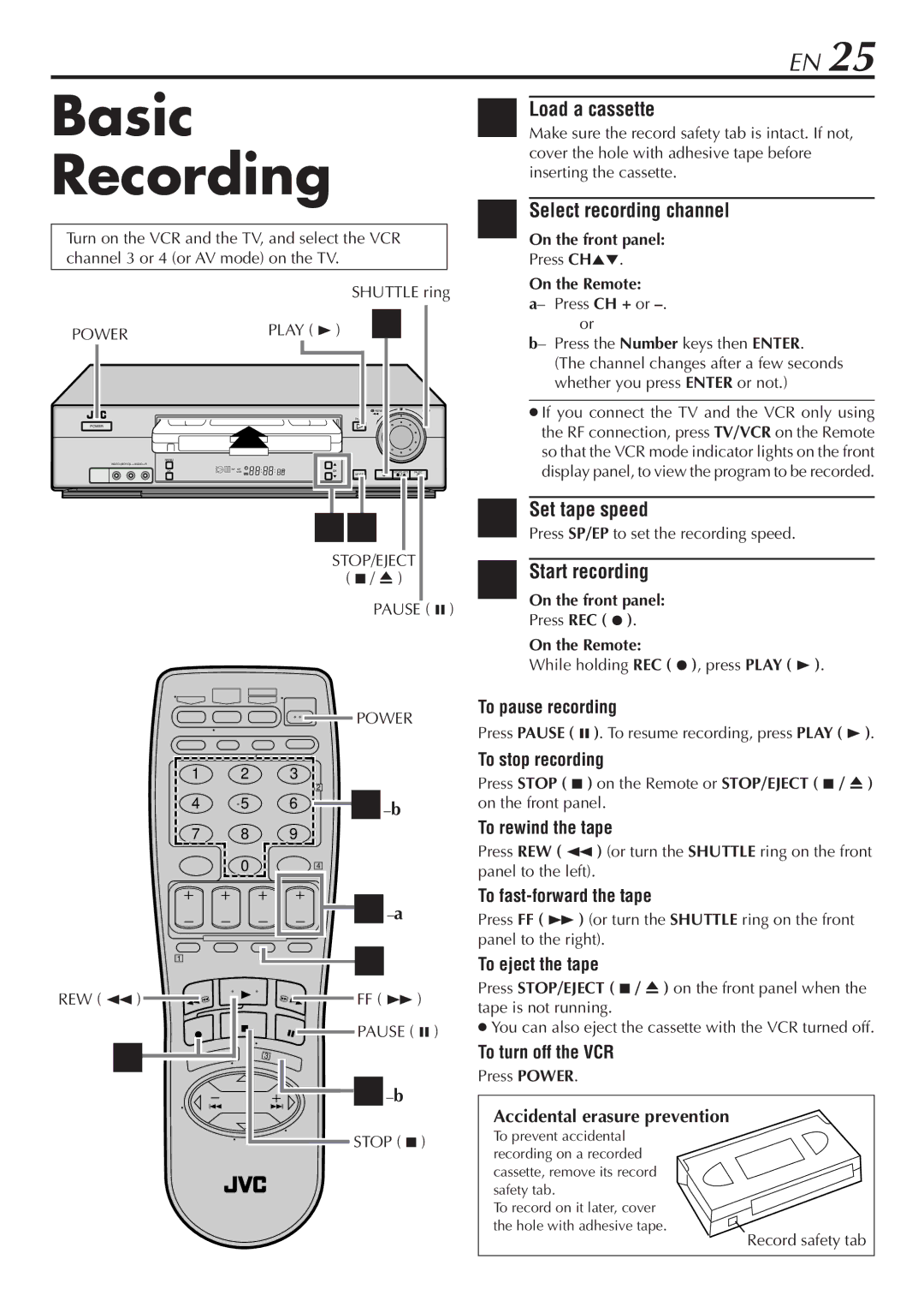 JVC HR-VP780U manual Basic, Recording, Select recording channel, Set tape speed, Start recording 