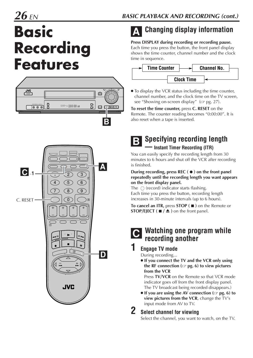 JVC HR-VP780U Basic Recording Features, 26 EN, Specifying recording length, Watching one program while recording another 