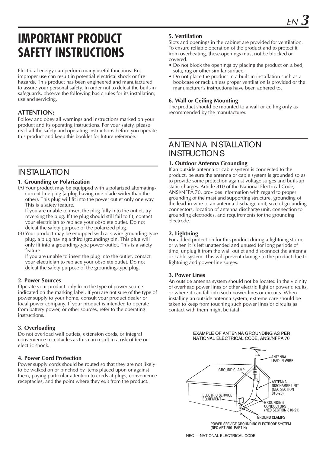 JVC HR-VP780U Grounding or Polarization, Power Sources, Ventilation, Wall or Ceiling Mounting, Outdoor Antenna Grounding 