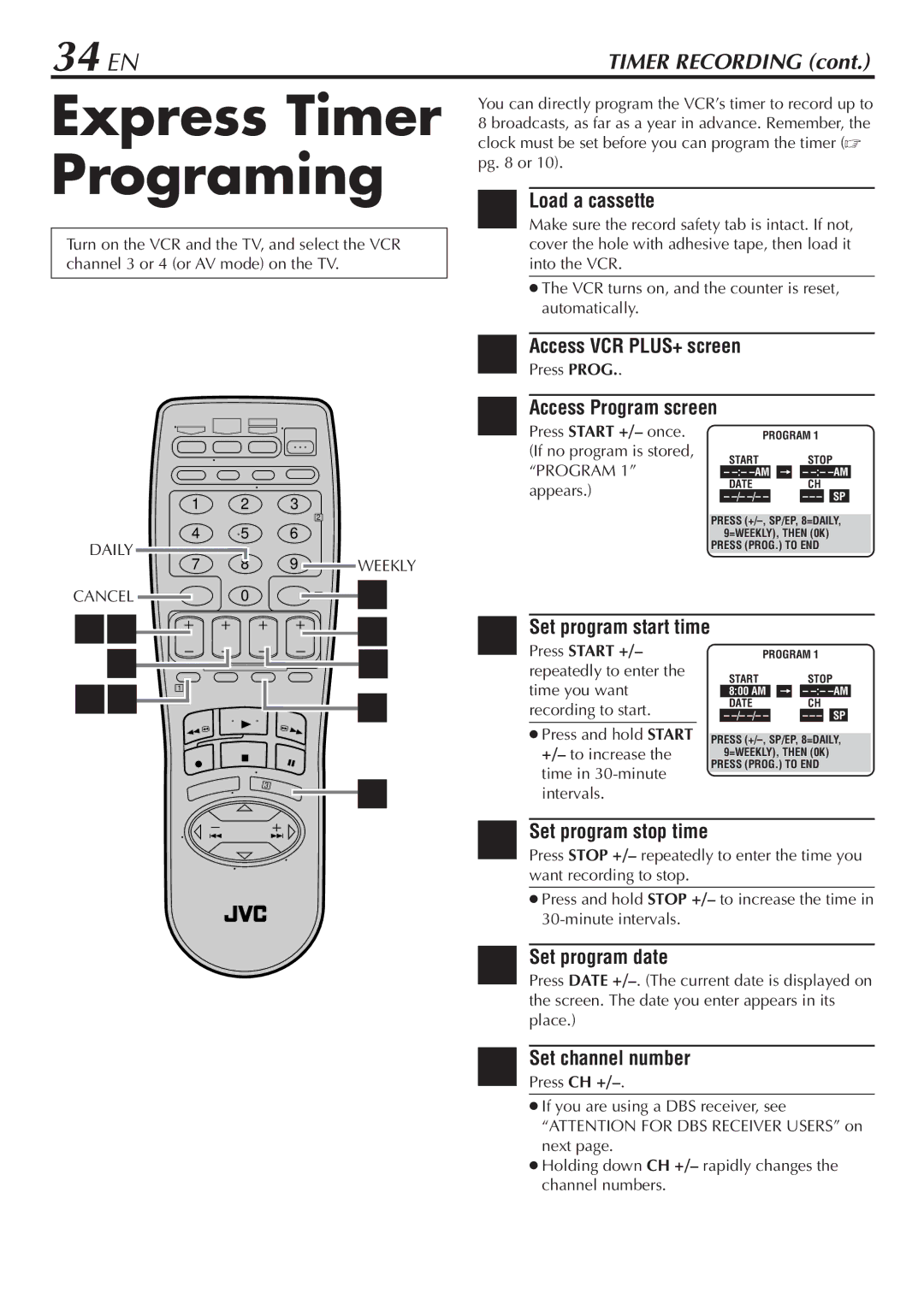 JVC HR-VP780U manual Express Timer Programing, 34 EN 