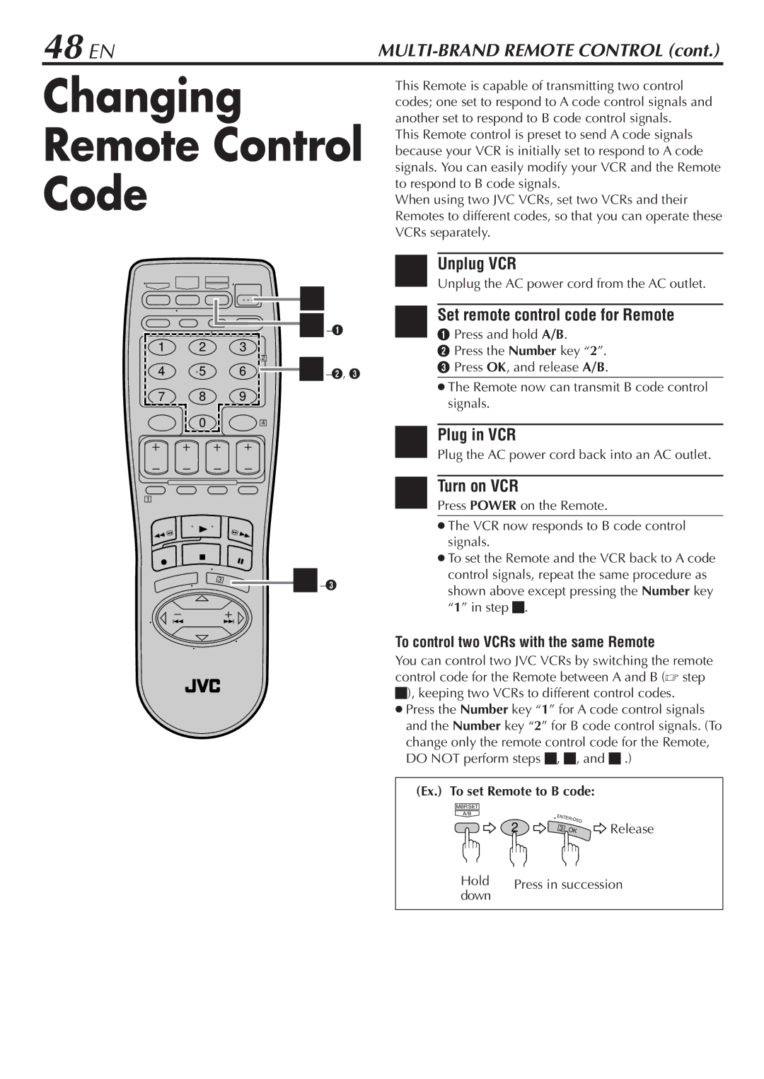 JVC HR-VP780U manual Changing Remote Control Code, 48 EN 