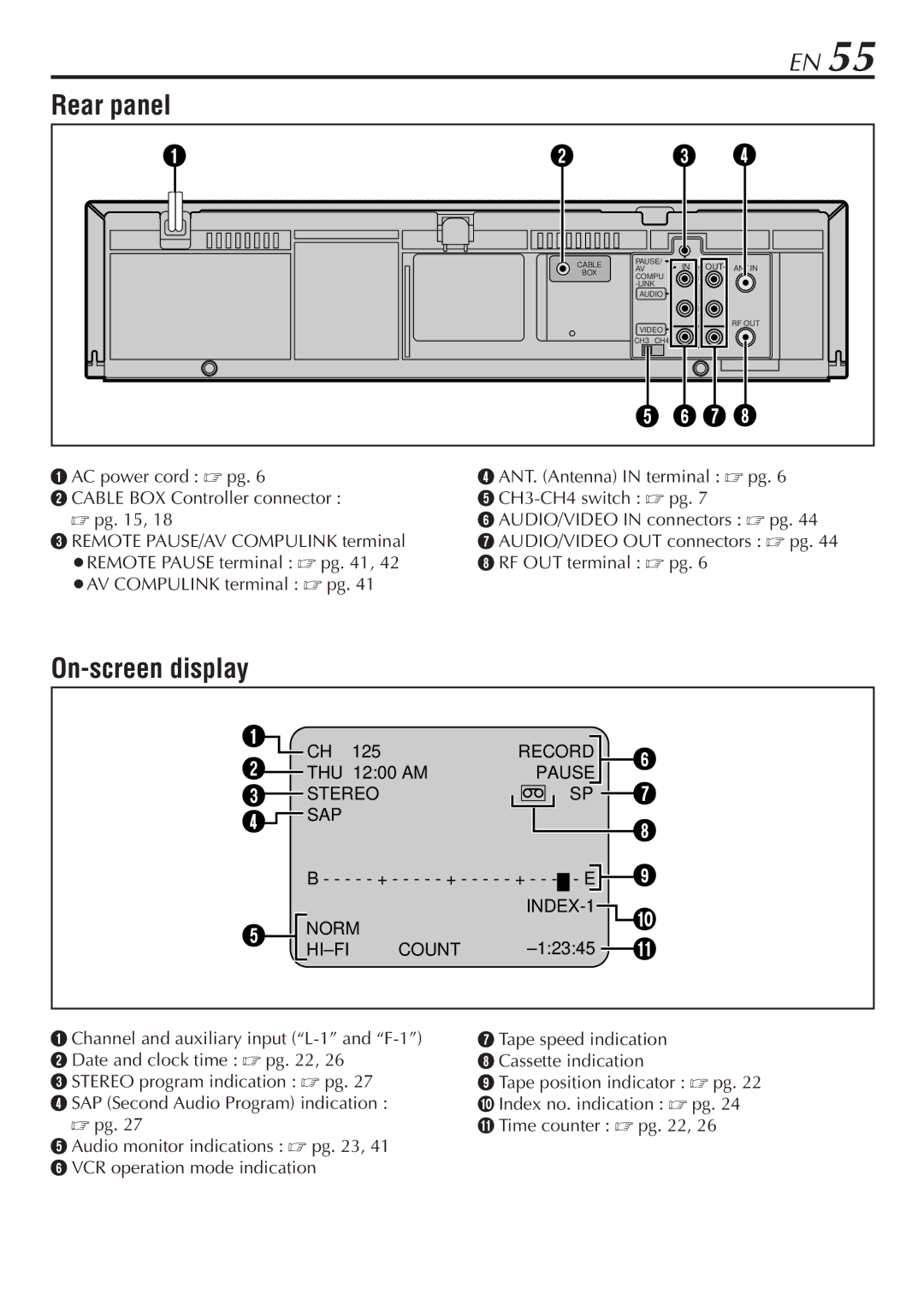 JVC HR-VP780U manual Rear panel, On-screen display 