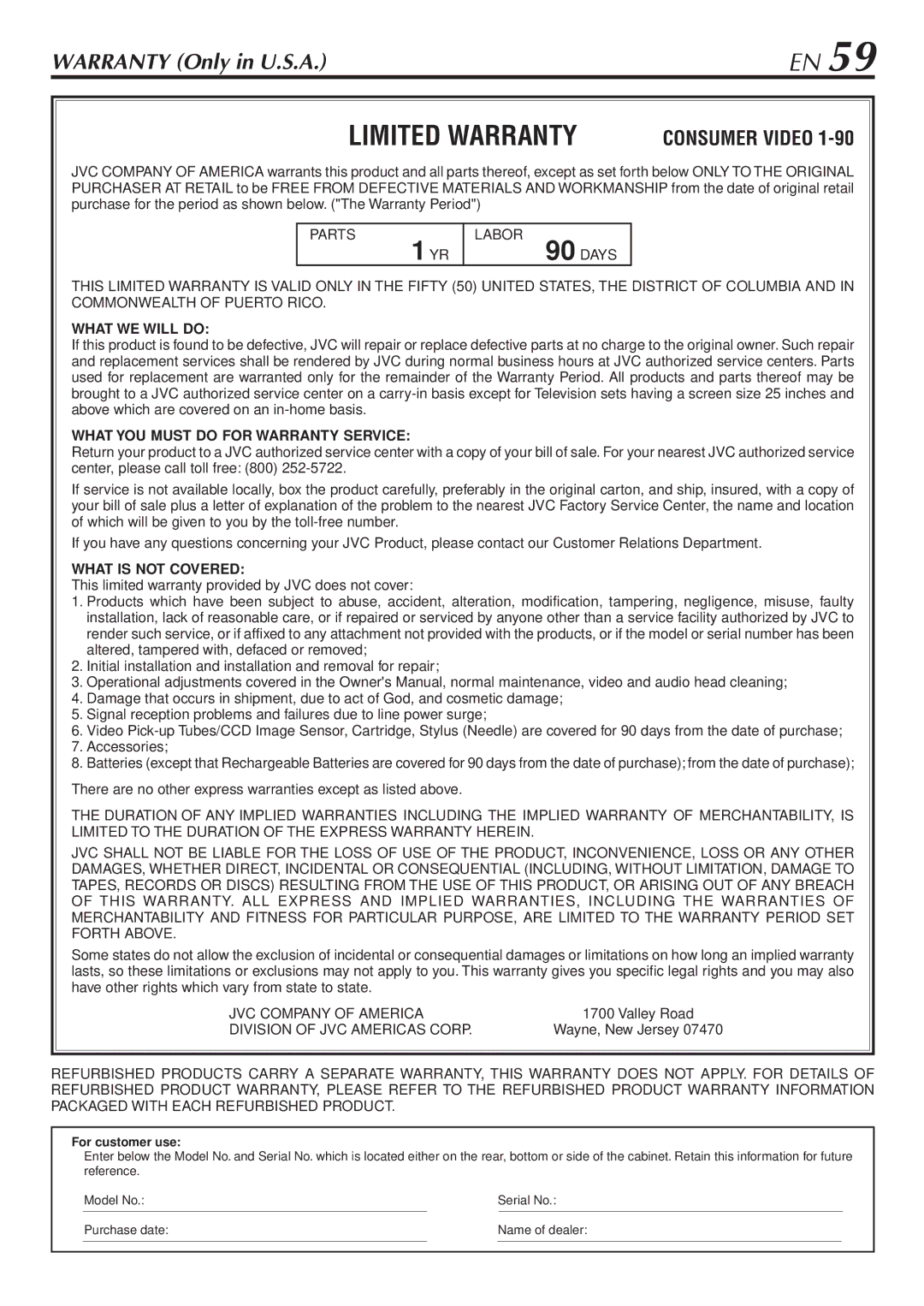 JVC HR-VP780U manual Limited Warranty 