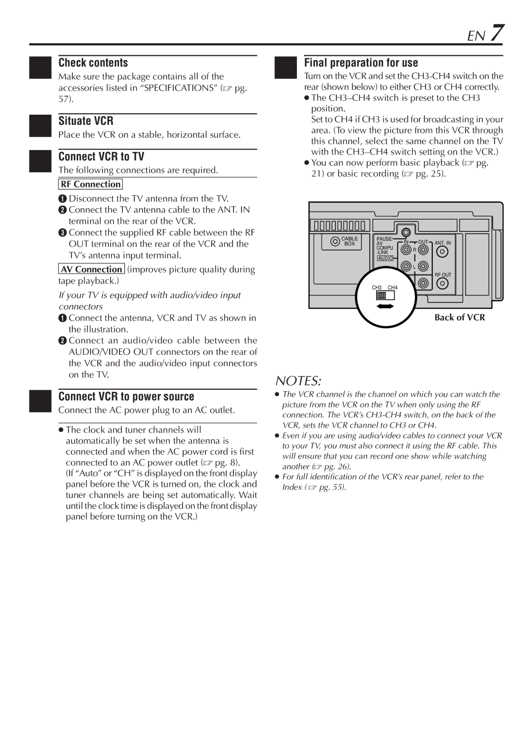 JVC HR-VP780U manual Check contents, Situate VCR, Connect VCR to TV, Final preparation for use, RF Connection 