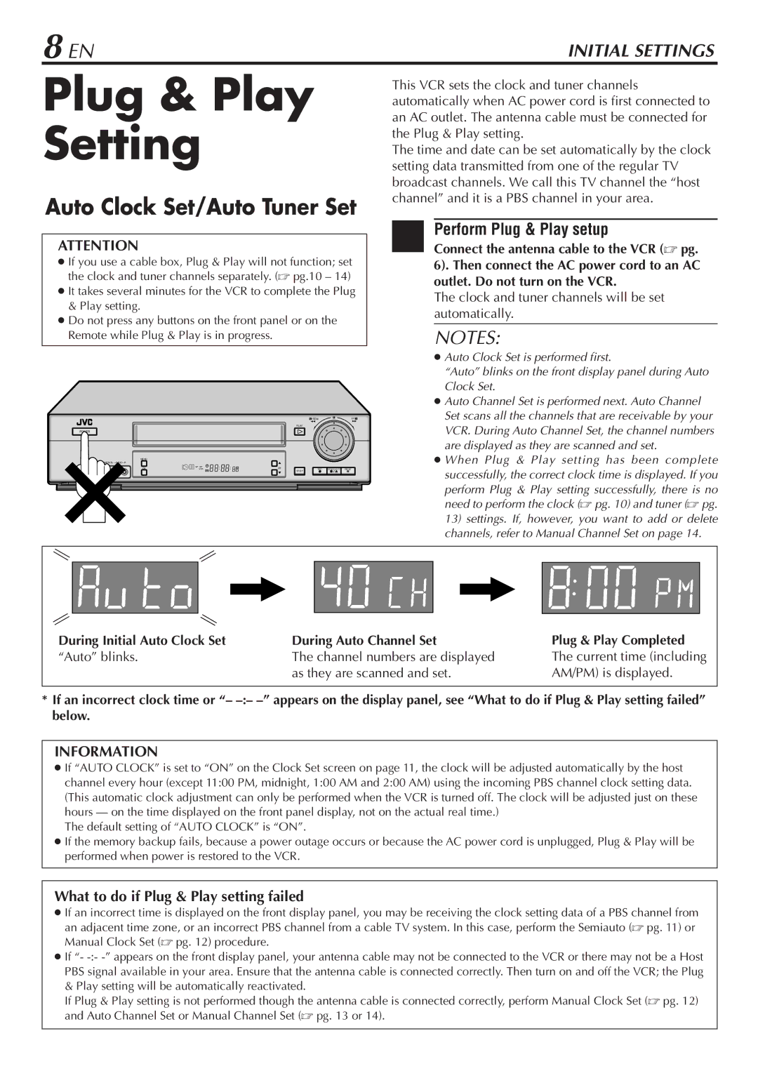 JVC HR-VP780U manual Plug & Play Setting, Perform Plug & Play setup, What to do if Plug & Play setting failed 