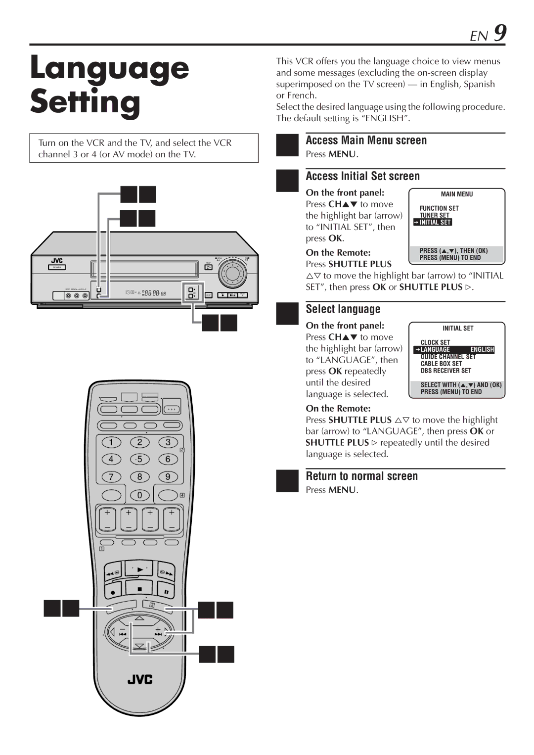 JVC HR-VP780U manual Language Setting, Select language, Return to normal screen, Press Menu 