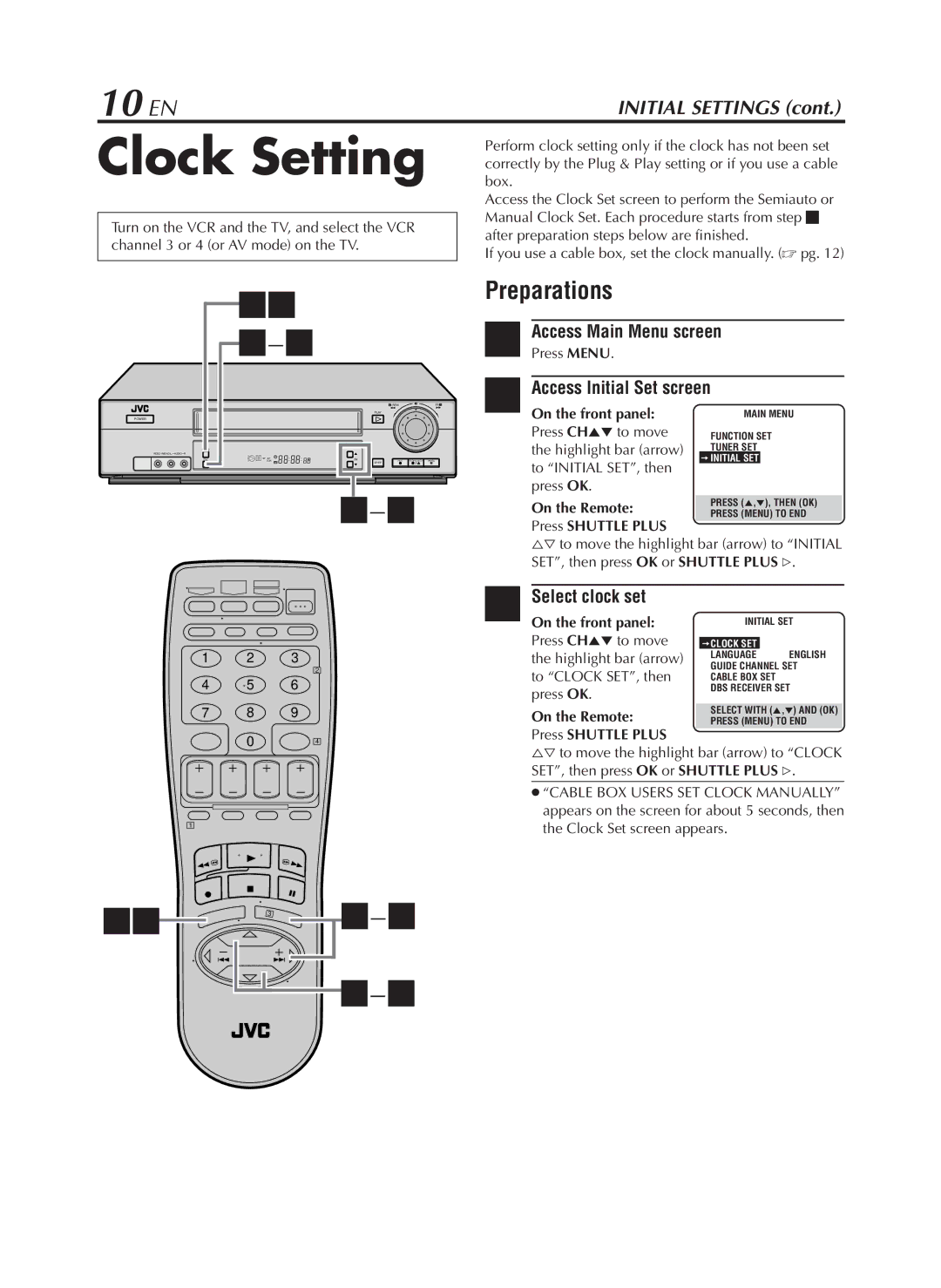 JVC HR-VP782U manual Clock Setting, 10 EN, Preparations 