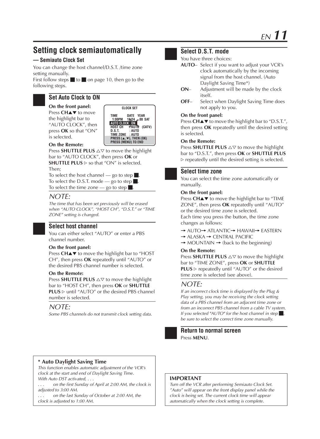 JVC HR-VP782U manual Setting clock semiautomatically, Set Auto Clock to on, Select host channel, Select time zone 