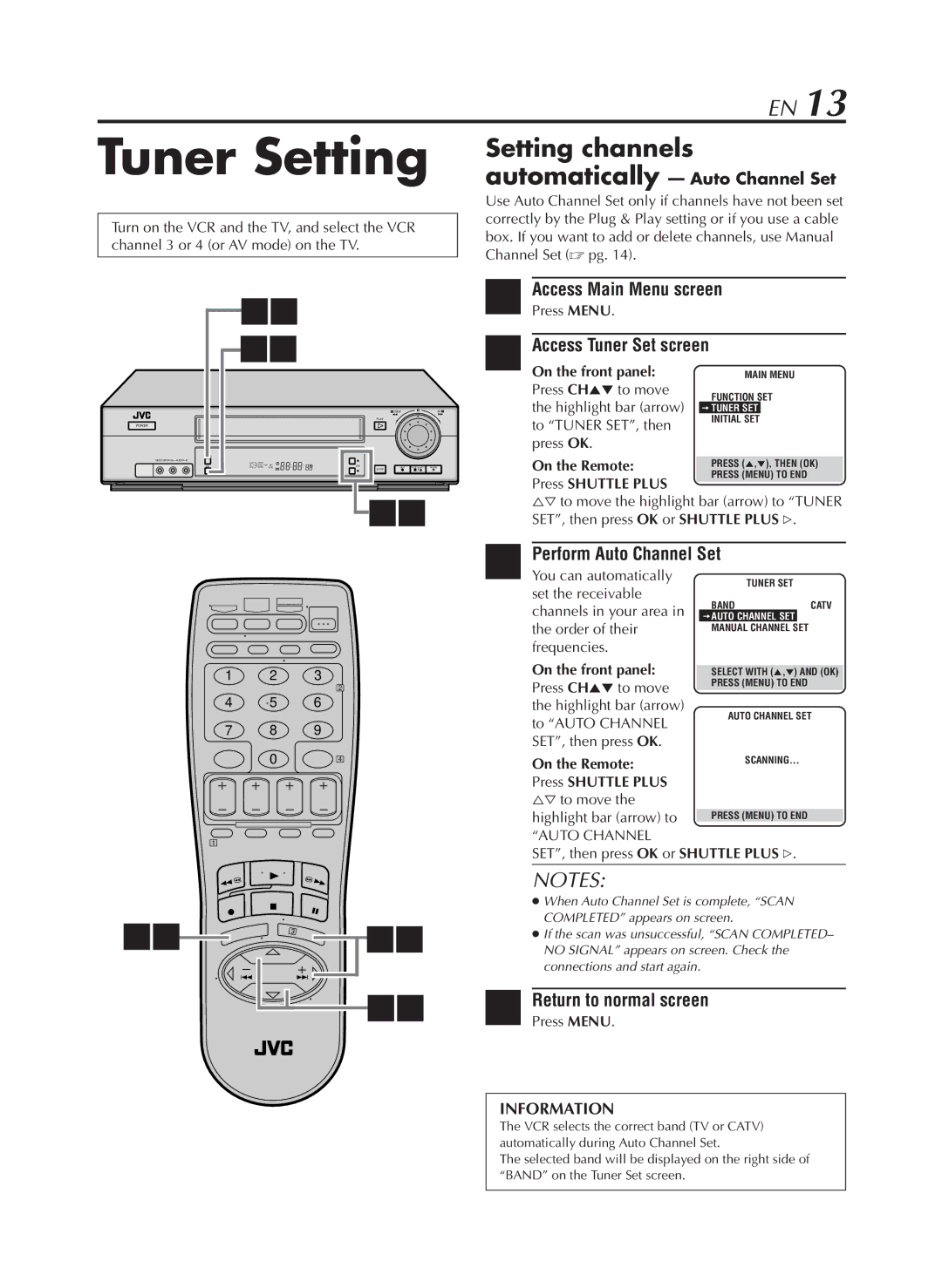 JVC HR-VP782U manual Tuner Setting, Access Tuner Set screen, Perform Auto Channel Set 