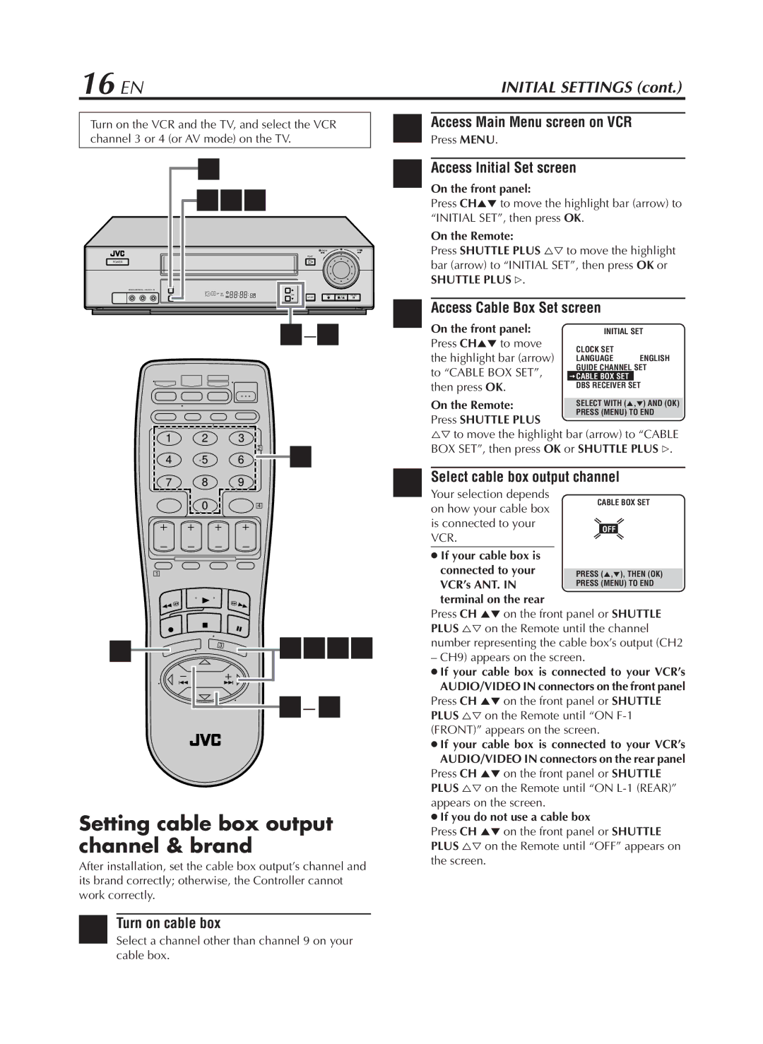 JVC HR-VP782U manual 16 EN, Turn on cable box, Access Main Menu screen on VCR, Access Cable Box Set screen 