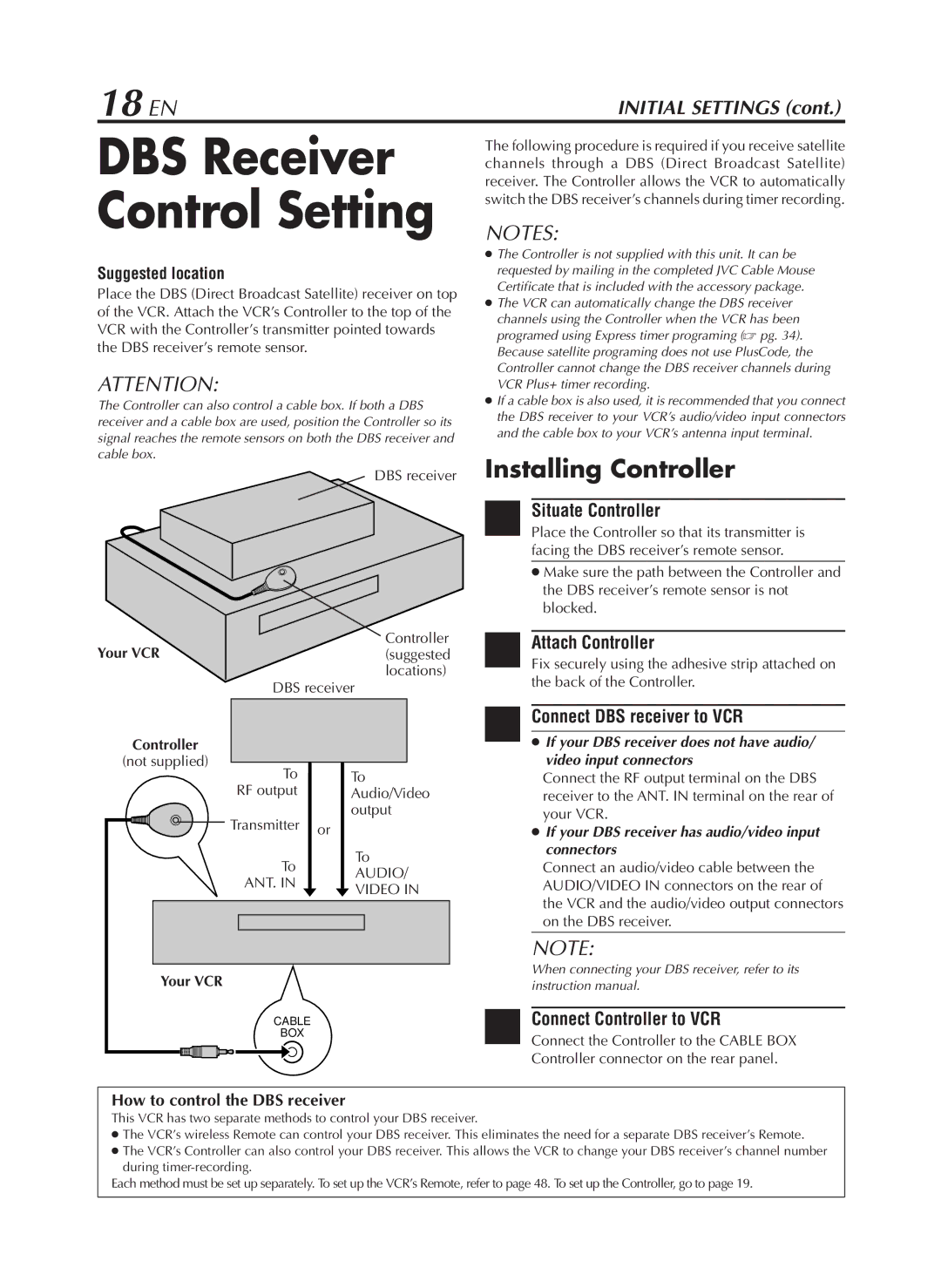 JVC HR-VP782U manual 18 EN, Connect DBS receiver to VCR, How to control the DBS receiver, Controller 