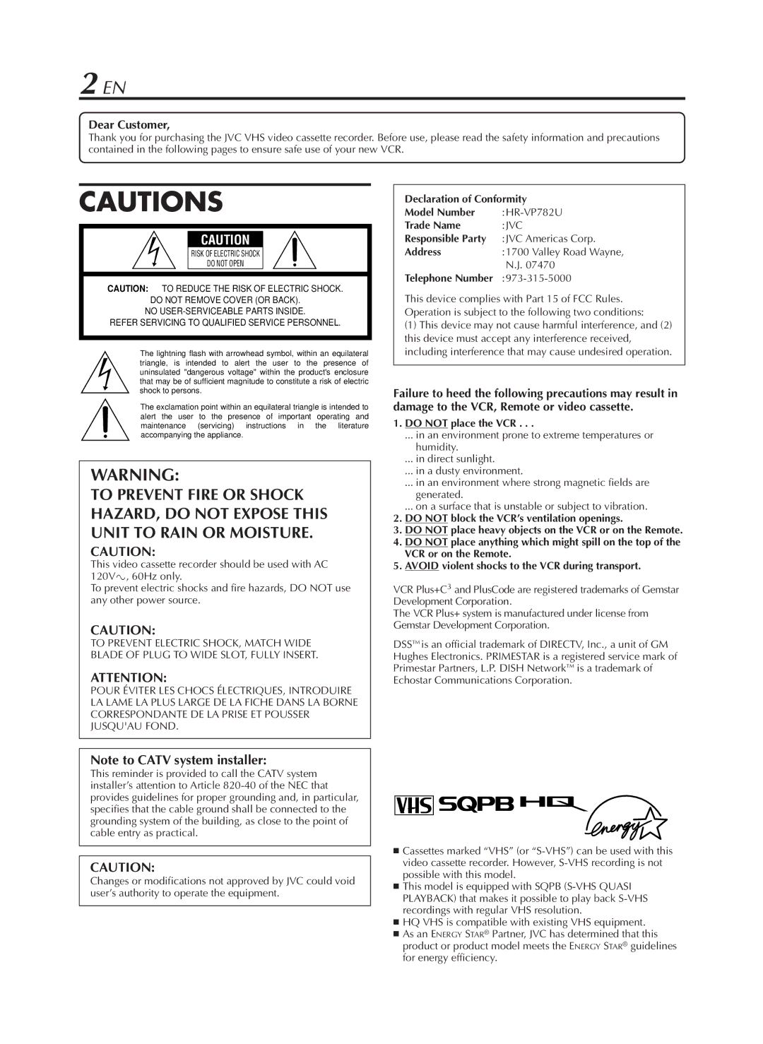 JVC HR-VP782U manual Dear Customer, Telephone Number 