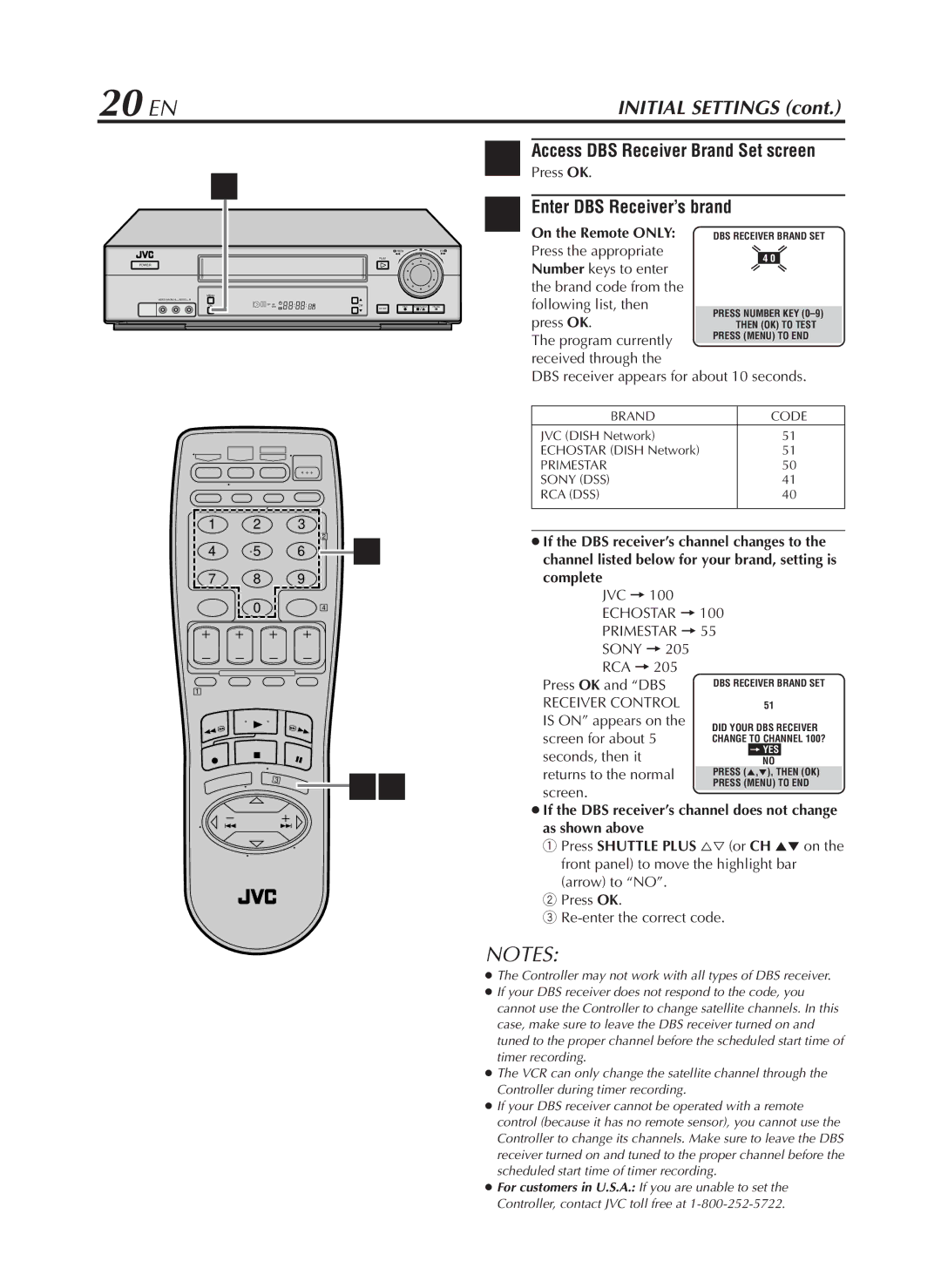 JVC HR-VP782U manual 20 EN, Access DBS Receiver Brand Set screen, Enter DBS Receiver’s brand 